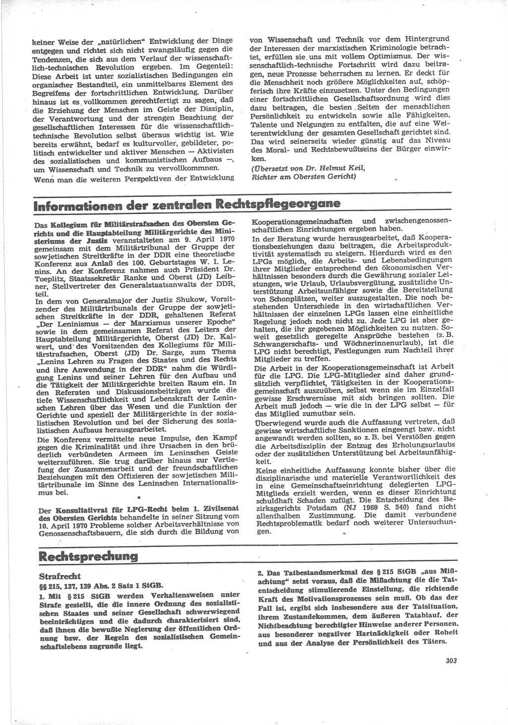 Neue Justiz (NJ), Zeitschrift für Recht und Rechtswissenschaft [Deutsche Demokratische Republik (DDR)], 24. Jahrgang 1970, Seite 303 (NJ DDR 1970, S. 303)