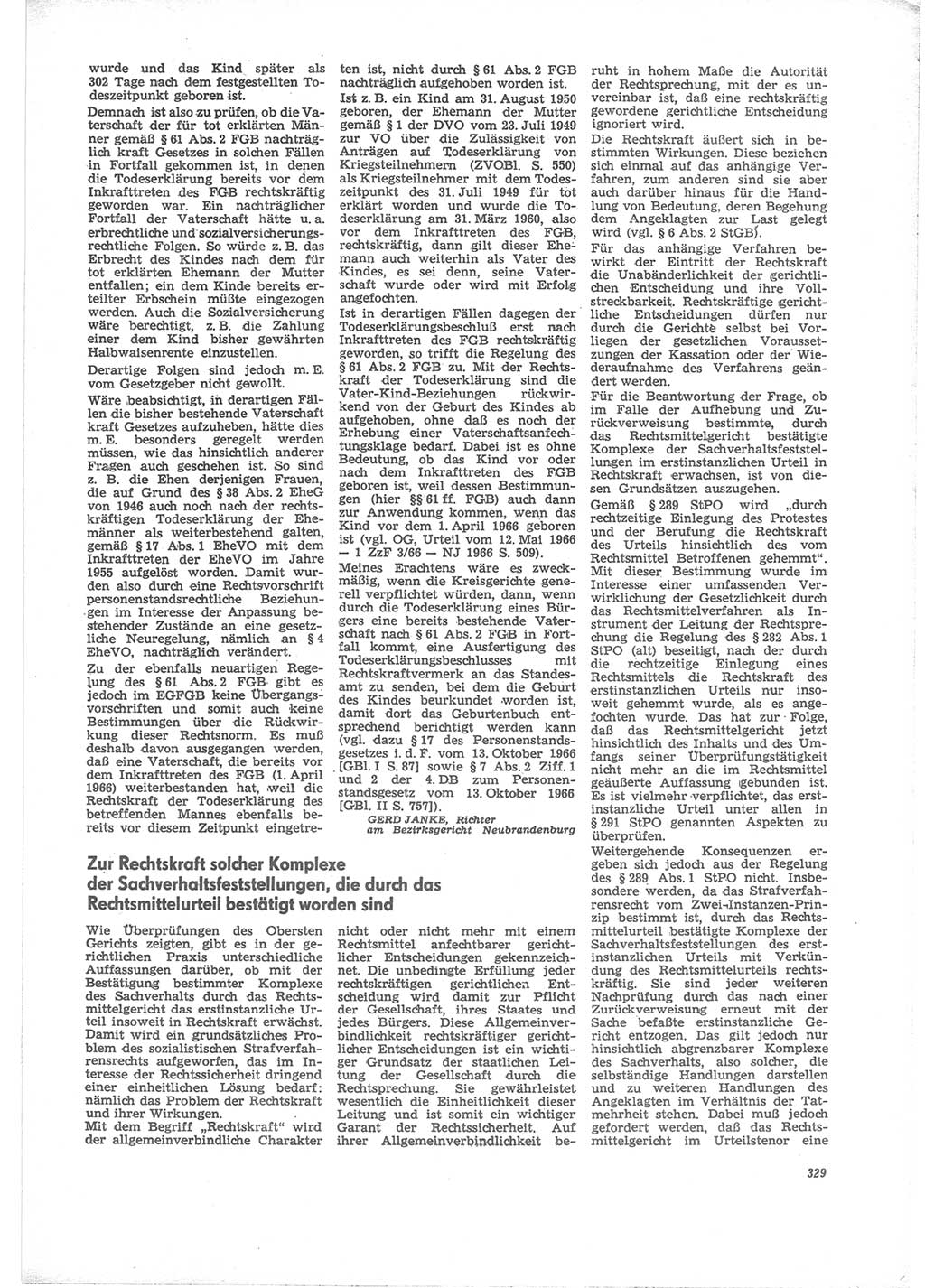 Neue Justiz (NJ), Zeitschrift für Recht und Rechtswissenschaft [Deutsche Demokratische Republik (DDR)], 24. Jahrgang 1970, Seite 329 (NJ DDR 1970, S. 329)
