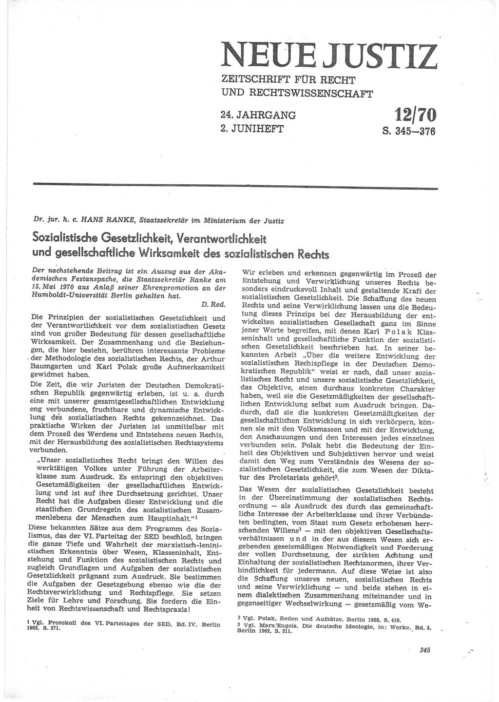 Neue Justiz (NJ), Zeitschrift für Recht und Rechtswissenschaft [Deutsche Demokratische Republik (DDR)], 24. Jahrgang 1970, Seite 345 (NJ DDR 1970, S. 345)
