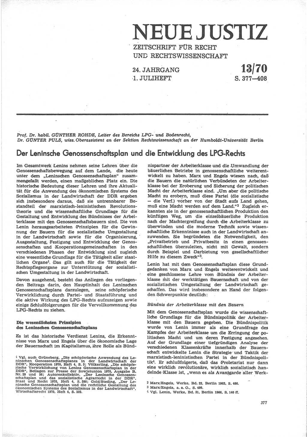 Neue Justiz (NJ), Zeitschrift für Recht und Rechtswissenschaft [Deutsche Demokratische Republik (DDR)], 24. Jahrgang 1970, Seite 377 (NJ DDR 1970, S. 377)