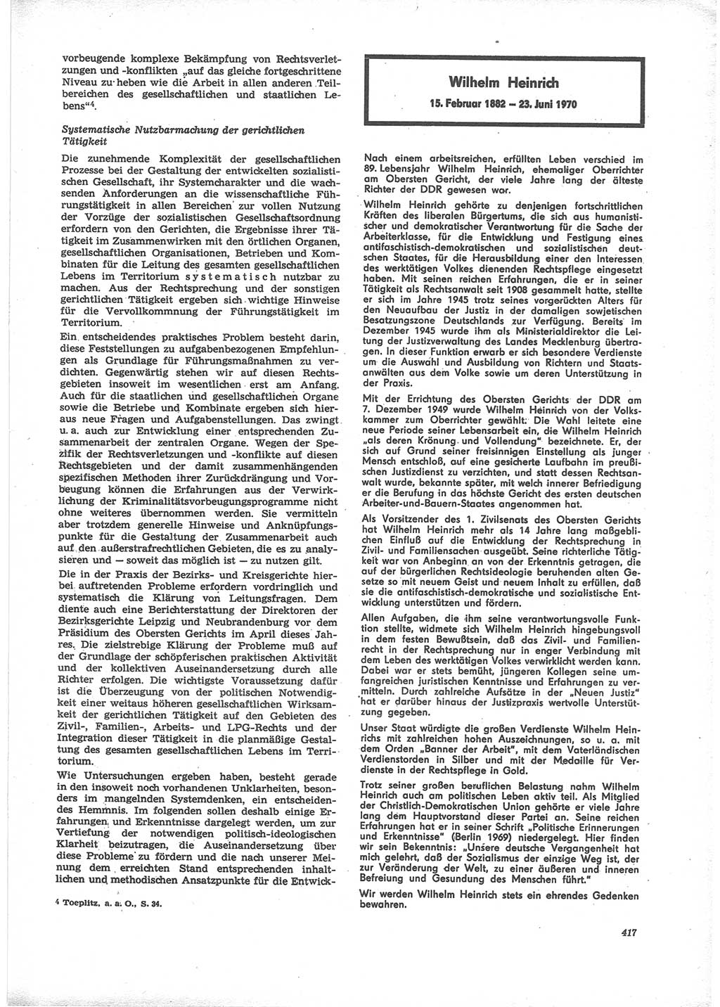 Neue Justiz (NJ), Zeitschrift für Recht und Rechtswissenschaft [Deutsche Demokratische Republik (DDR)], 24. Jahrgang 1970, Seite 417 (NJ DDR 1970, S. 417)