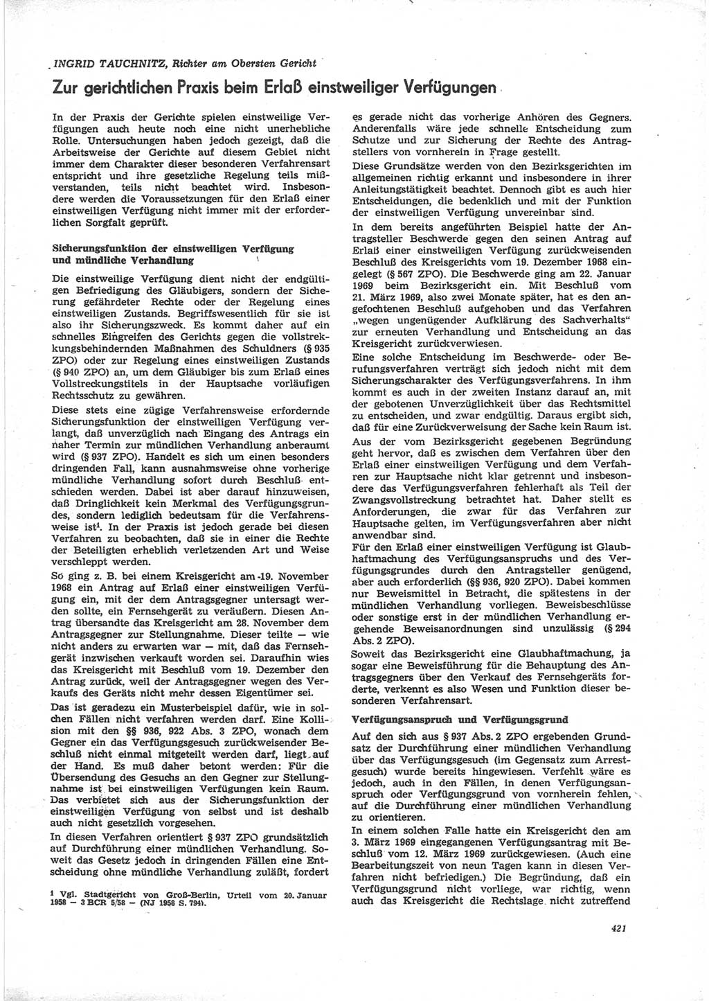 Neue Justiz (NJ), Zeitschrift für Recht und Rechtswissenschaft [Deutsche Demokratische Republik (DDR)], 24. Jahrgang 1970, Seite 421 (NJ DDR 1970, S. 421)