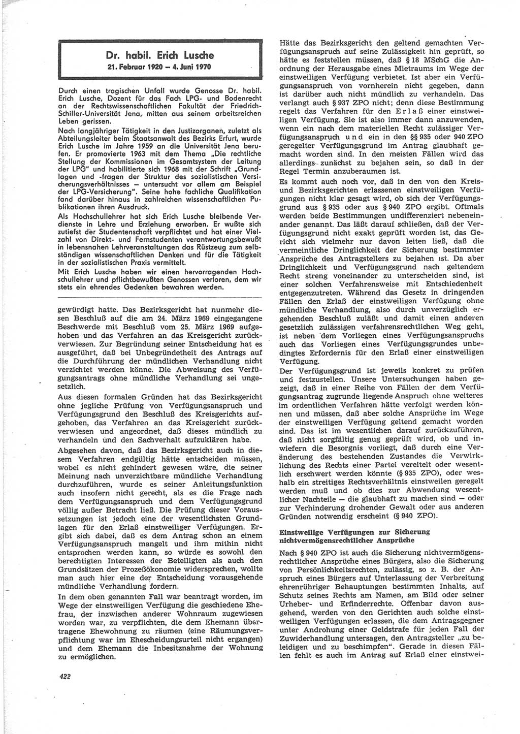 Neue Justiz (NJ), Zeitschrift für Recht und Rechtswissenschaft [Deutsche Demokratische Republik (DDR)], 24. Jahrgang 1970, Seite 422 (NJ DDR 1970, S. 422)