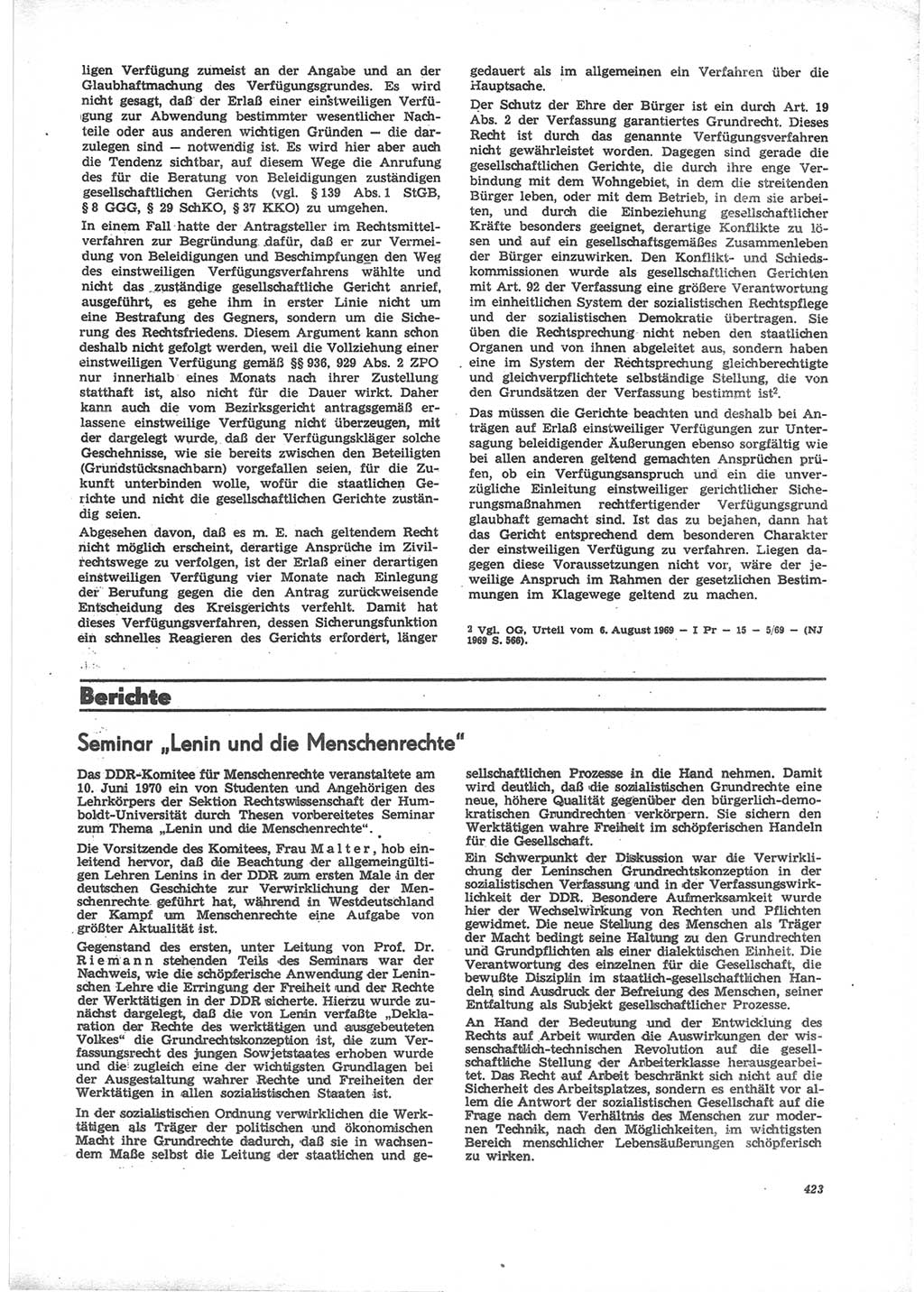 Neue Justiz (NJ), Zeitschrift für Recht und Rechtswissenschaft [Deutsche Demokratische Republik (DDR)], 24. Jahrgang 1970, Seite 423 (NJ DDR 1970, S. 423)