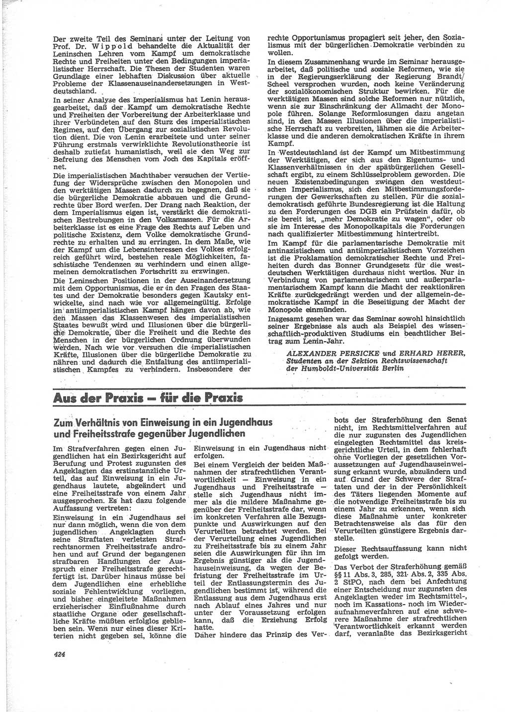 Neue Justiz (NJ), Zeitschrift für Recht und Rechtswissenschaft [Deutsche Demokratische Republik (DDR)], 24. Jahrgang 1970, Seite 424 (NJ DDR 1970, S. 424)