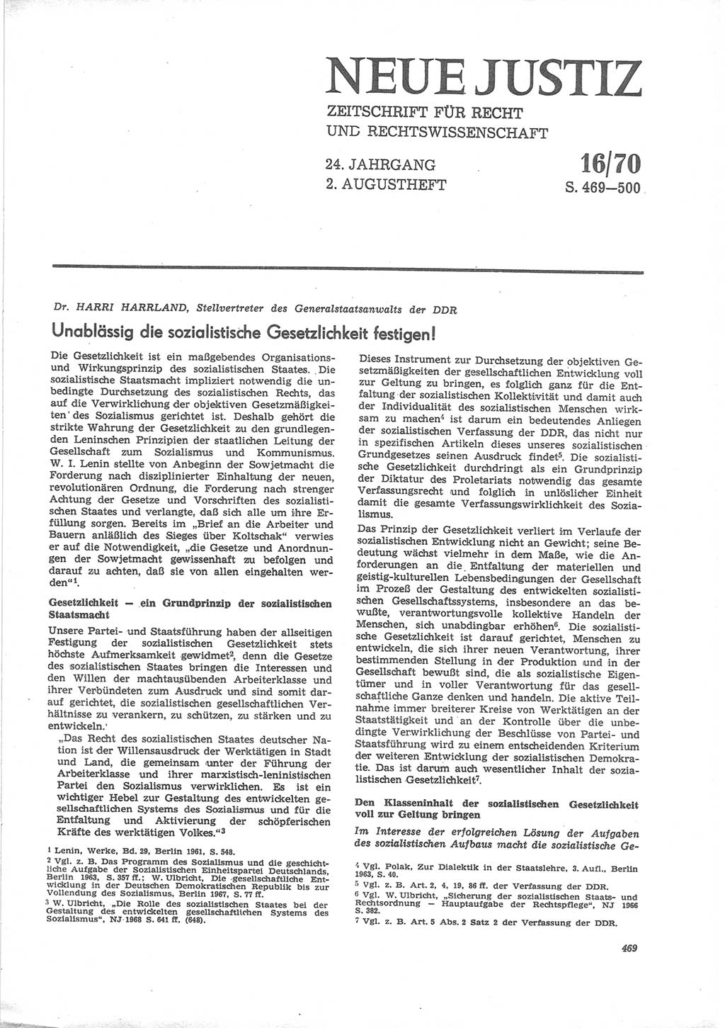 Neue Justiz (NJ), Zeitschrift für Recht und Rechtswissenschaft [Deutsche Demokratische Republik (DDR)], 24. Jahrgang 1970, Seite 469 (NJ DDR 1970, S. 469)