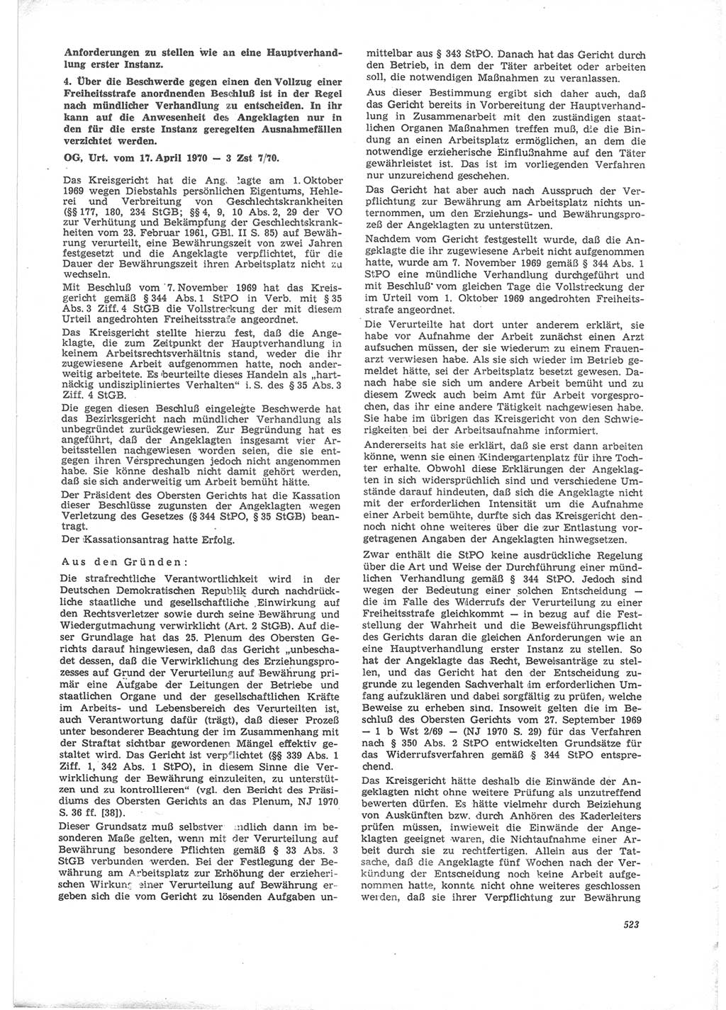Neue Justiz (NJ), Zeitschrift für Recht und Rechtswissenschaft [Deutsche Demokratische Republik (DDR)], 24. Jahrgang 1970, Seite 523 (NJ DDR 1970, S. 523)