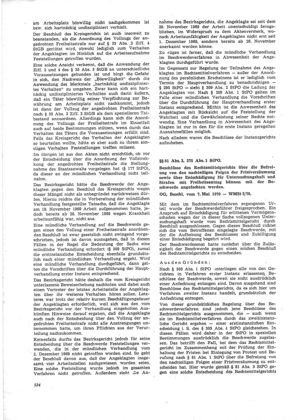 Neue Justiz (NJ), Zeitschrift für Recht und Rechtswissenschaft [Deutsche Demokratische Republik (DDR)], 24. Jahrgang 1970, Seite 524 (NJ DDR 1970, S. 524)