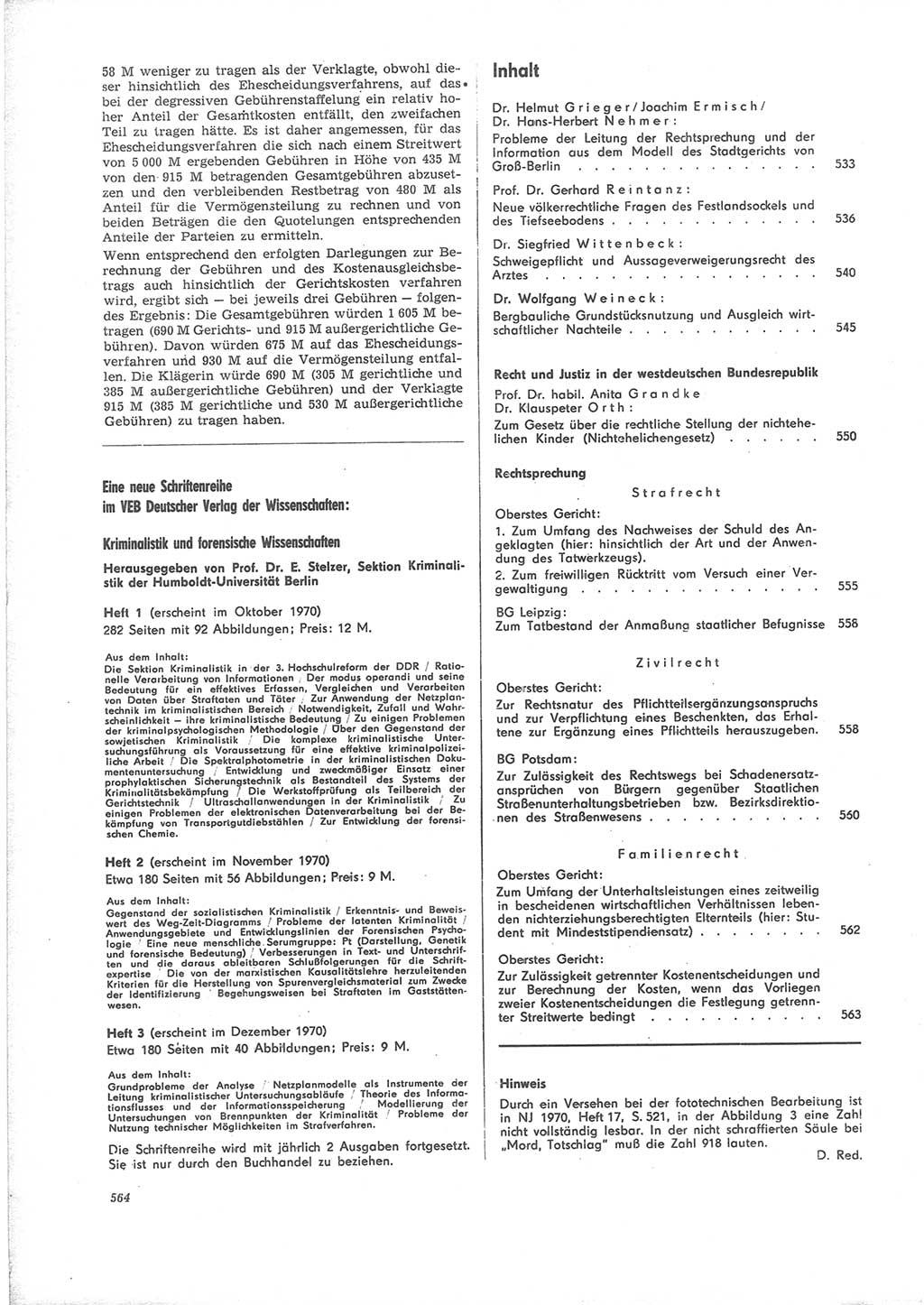 Neue Justiz (NJ), Zeitschrift für Recht und Rechtswissenschaft [Deutsche Demokratische Republik (DDR)], 24. Jahrgang 1970, Seite 564 (NJ DDR 1970, S. 564)