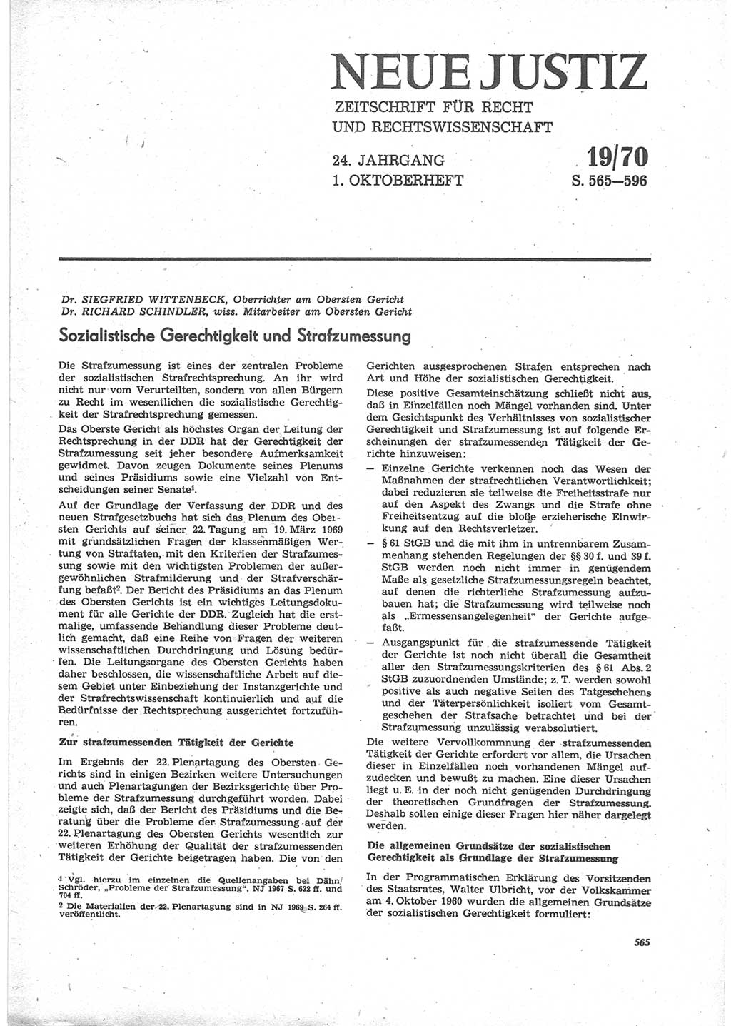 Neue Justiz (NJ), Zeitschrift für Recht und Rechtswissenschaft [Deutsche Demokratische Republik (DDR)], 24. Jahrgang 1970, Seite 565 (NJ DDR 1970, S. 565)