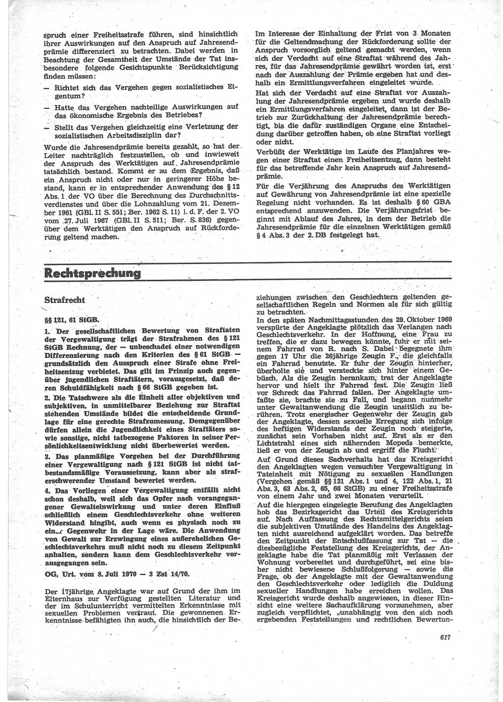 Neue Justiz (NJ), Zeitschrift für Recht und Rechtswissenschaft [Deutsche Demokratische Republik (DDR)], 24. Jahrgang 1970, Seite 617 (NJ DDR 1970, S. 617)