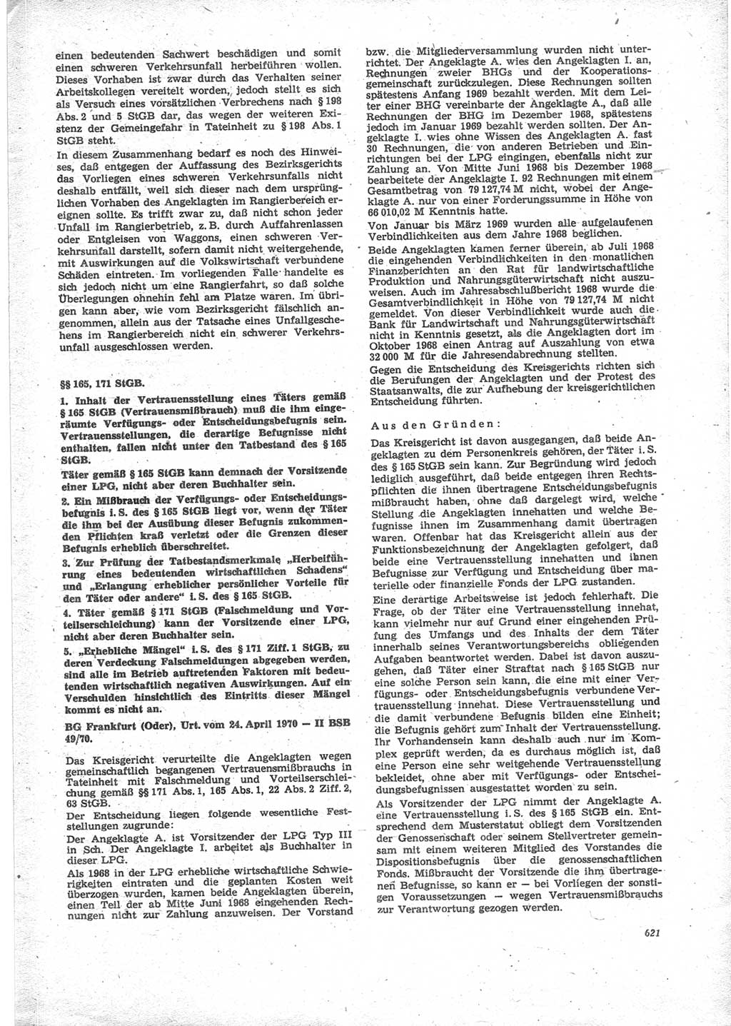 Neue Justiz (NJ), Zeitschrift für Recht und Rechtswissenschaft [Deutsche Demokratische Republik (DDR)], 24. Jahrgang 1970, Seite 621 (NJ DDR 1970, S. 621)