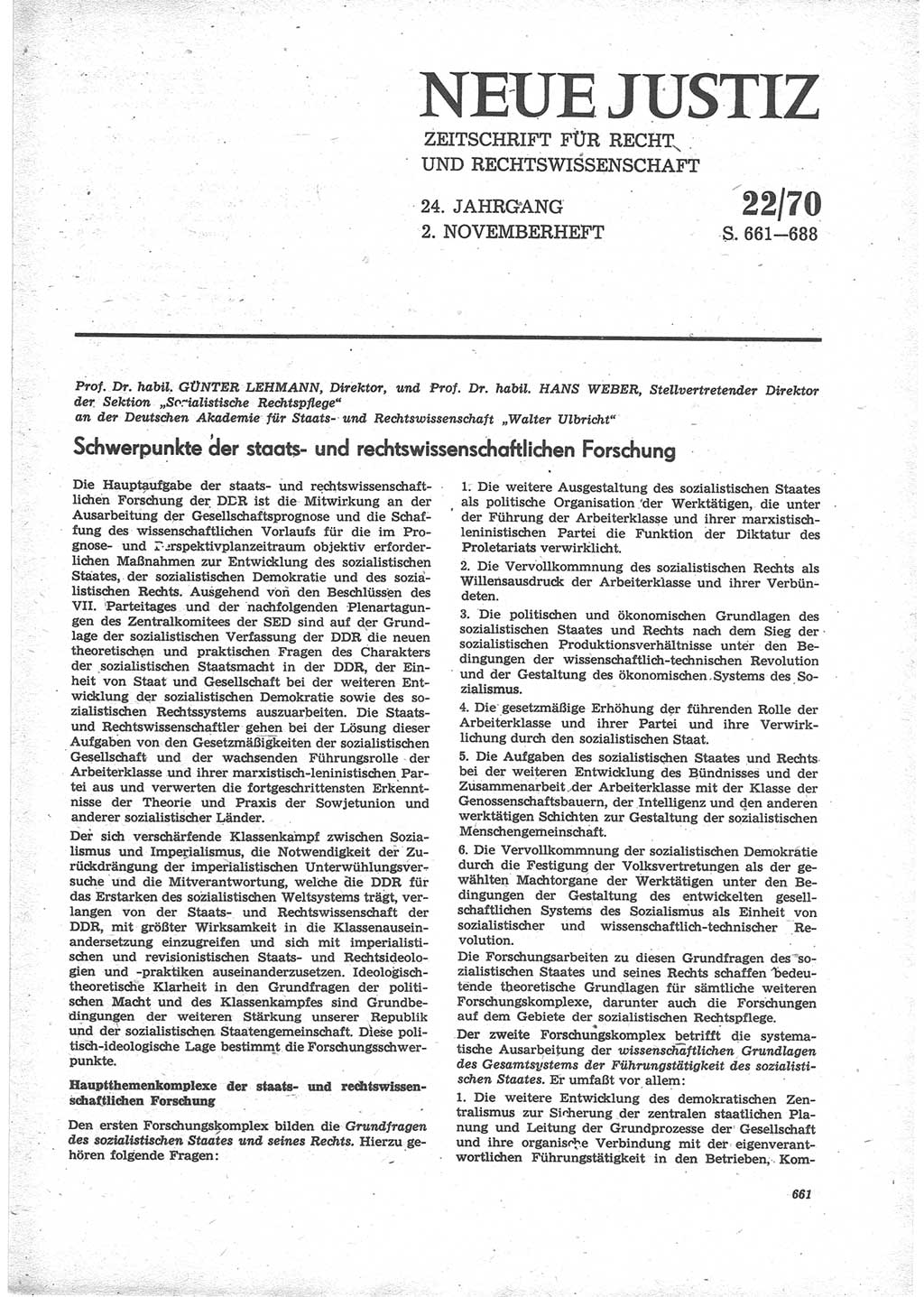 Neue Justiz (NJ), Zeitschrift für Recht und Rechtswissenschaft [Deutsche Demokratische Republik (DDR)], 24. Jahrgang 1970, Seite 661 (NJ DDR 1970, S. 661)