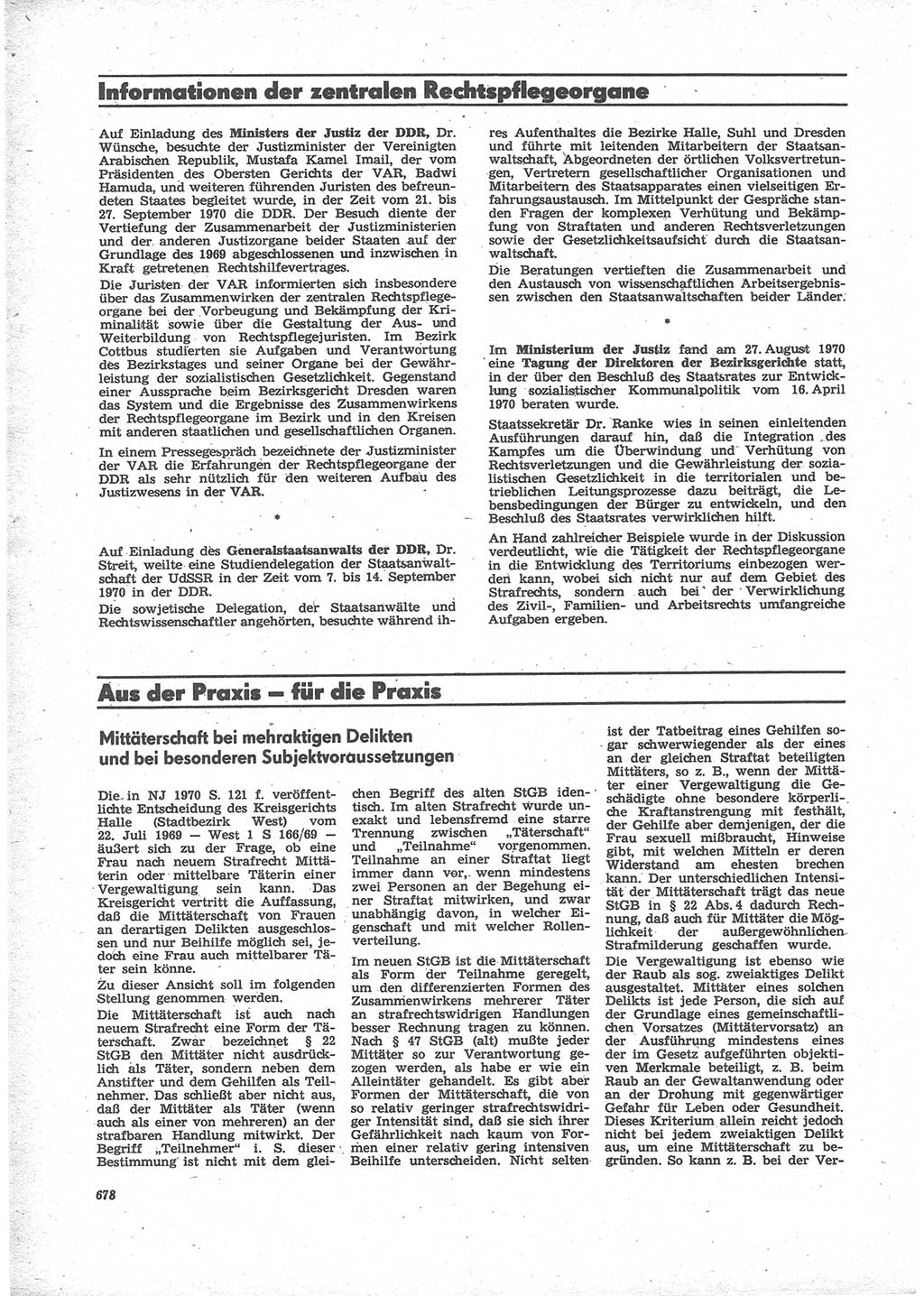 Neue Justiz (NJ), Zeitschrift für Recht und Rechtswissenschaft [Deutsche Demokratische Republik (DDR)], 24. Jahrgang 1970, Seite 678 (NJ DDR 1970, S. 678)