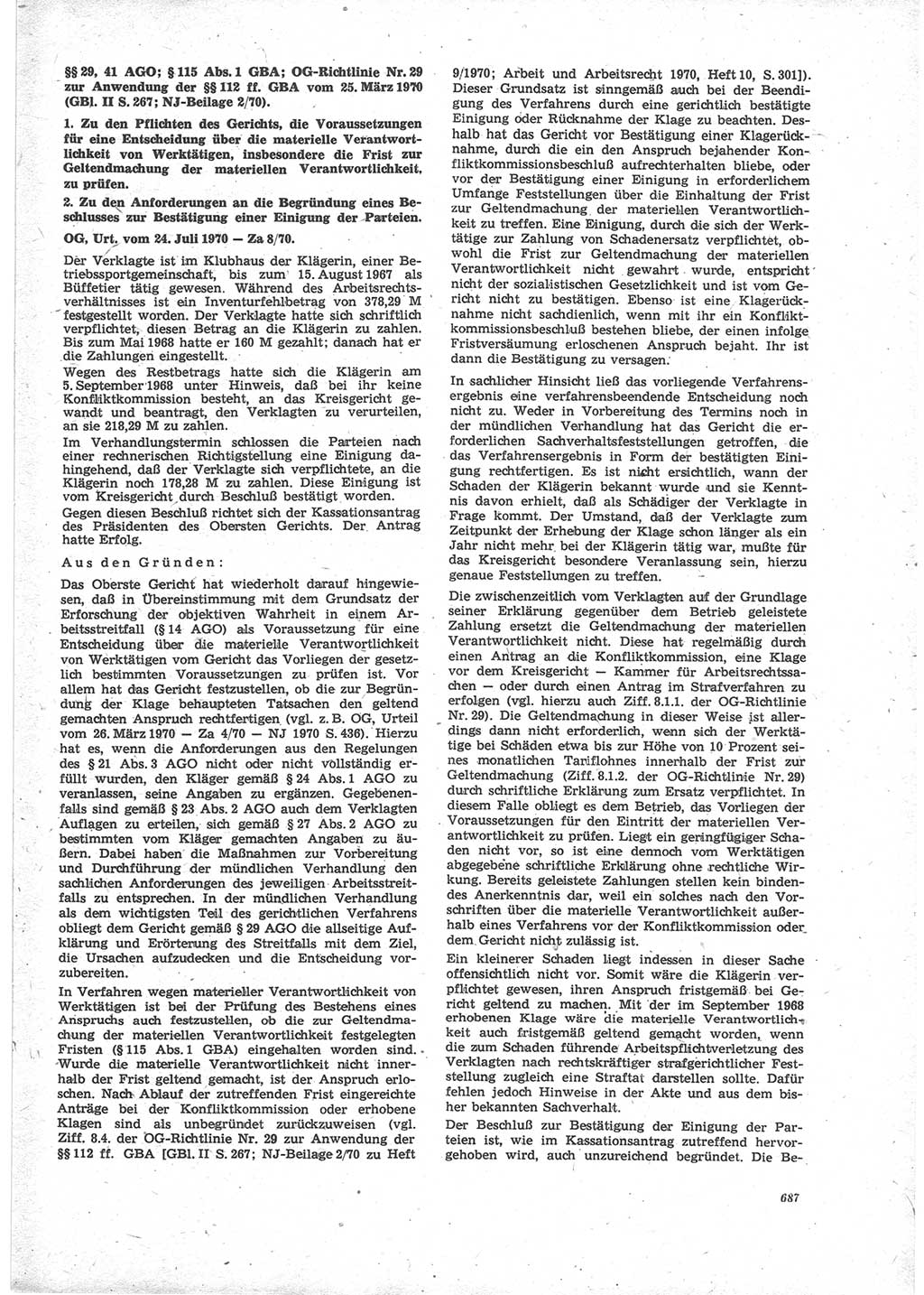 Neue Justiz (NJ), Zeitschrift für Recht und Rechtswissenschaft [Deutsche Demokratische Republik (DDR)], 24. Jahrgang 1970, Seite 687 (NJ DDR 1970, S. 687)