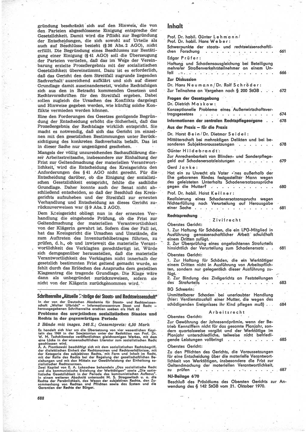 Neue Justiz (NJ), Zeitschrift für Recht und Rechtswissenschaft [Deutsche Demokratische Republik (DDR)], 24. Jahrgang 1970, Seite 688 (NJ DDR 1970, S. 688)