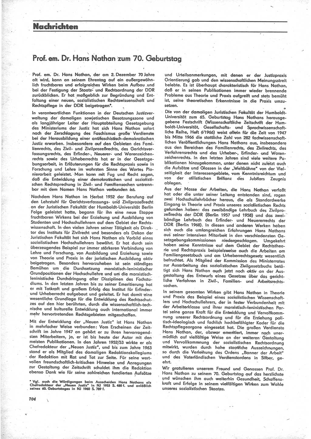 Neue Justiz (NJ), Zeitschrift für Recht und Rechtswissenschaft [Deutsche Demokratische Republik (DDR)], 24. Jahrgang 1970, Seite 704 (NJ DDR 1970, S. 704)