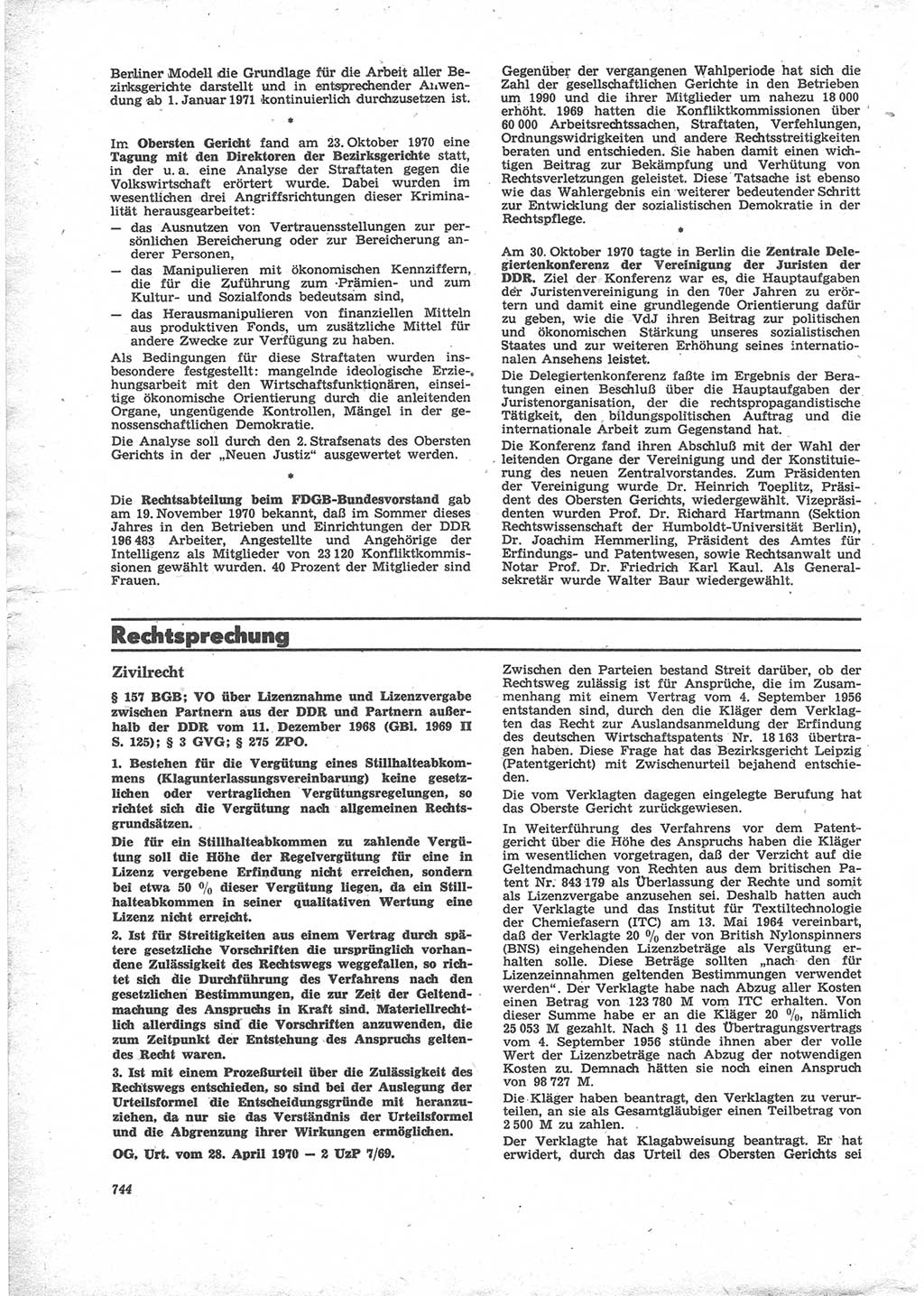 Neue Justiz (NJ), Zeitschrift für Recht und Rechtswissenschaft [Deutsche Demokratische Republik (DDR)], 24. Jahrgang 1970, Seite 744 (NJ DDR 1970, S. 744)