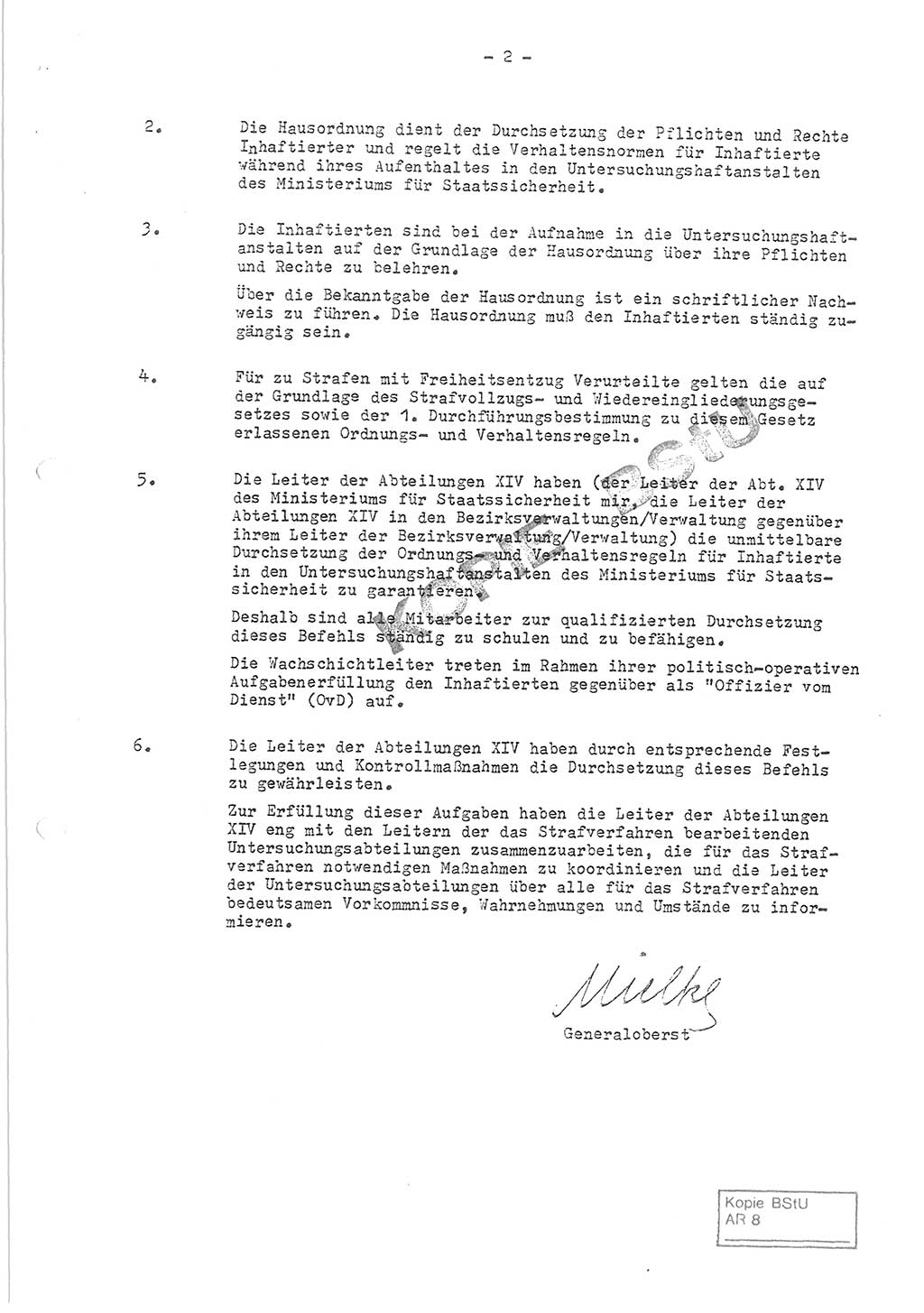 Befehl Nr. 6/71 über die Ordnungs- und Verhaltensregeln von Inhaftierten in den Untersuchungshaftanstalten (UHA) des Ministeriums für Staatssicherheit (MfS), Ministerrat der Deutschen Demokratischen Republik (DDR), Ministerium für Staatssicherheit, Der Minister, Büro der Leitung (BdL) 397/71, Berlin, 1.3.1971, Blatt 2 (Bef. 1/71 Min.-Rat DDR MfS Min. BdL/397/71 1971, Bl. 2)