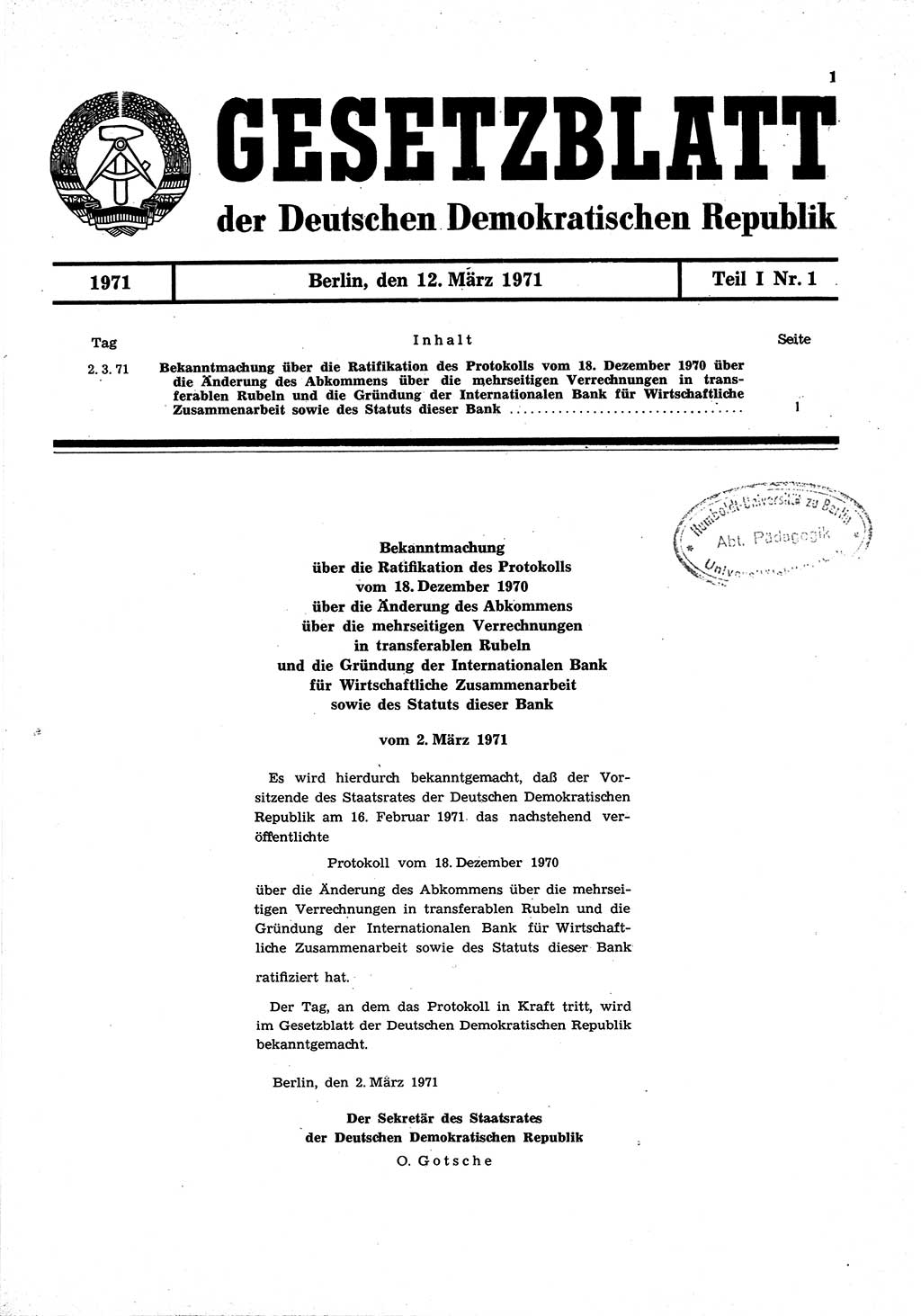 Gesetzblatt (GBl.) der Deutschen Demokratischen Republik (DDR) Teil Ⅰ 1971, Seite 1 (GBl. DDR Ⅰ 1971, S. 1)
