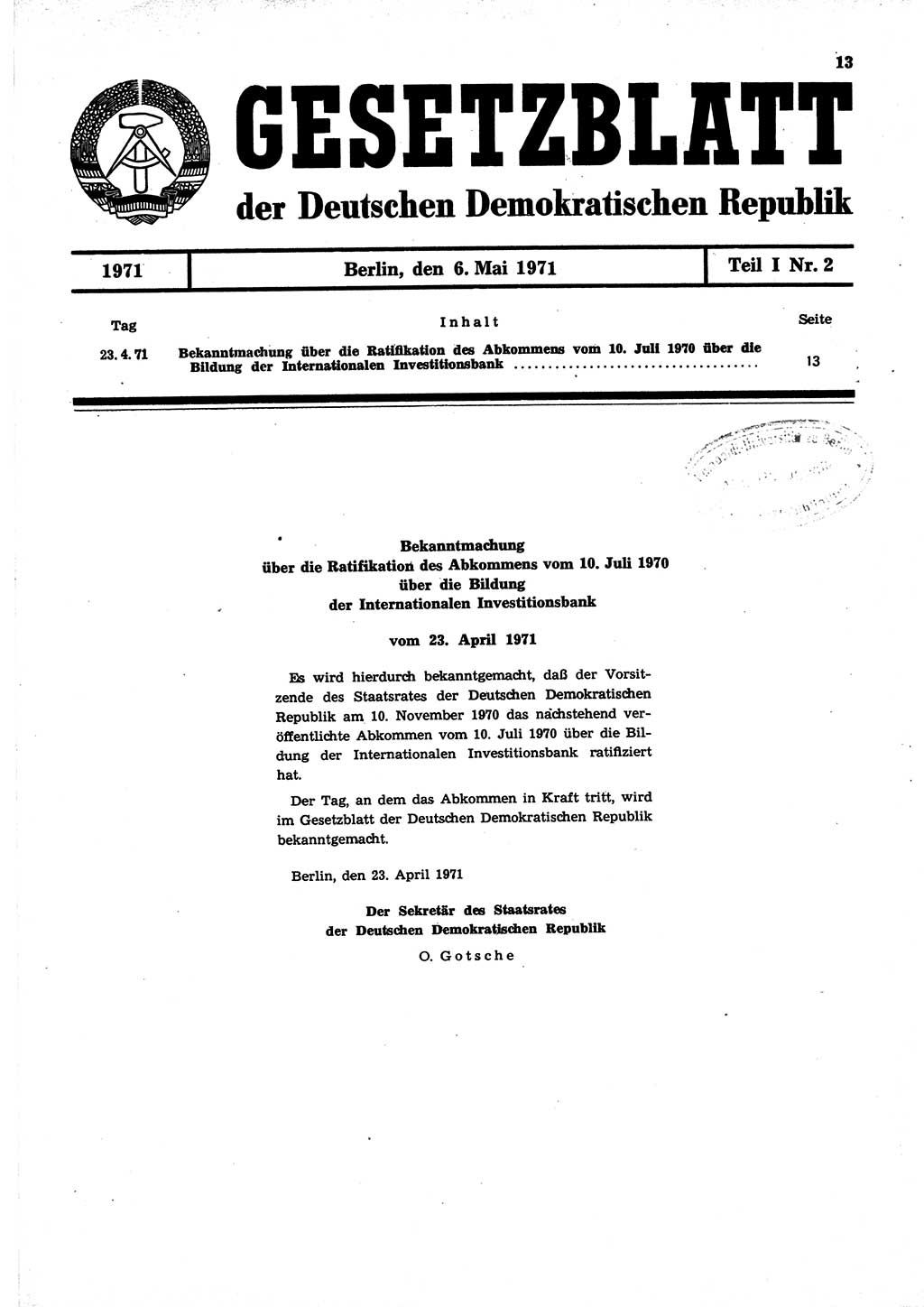 Gesetzblatt (GBl.) der Deutschen Demokratischen Republik (DDR) Teil Ⅰ 1971, Seite 13 (GBl. DDR Ⅰ 1971, S. 13)