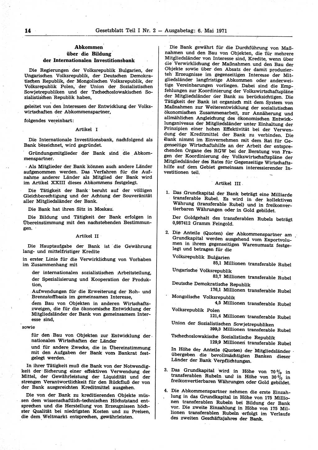 Gesetzblatt (GBl.) der Deutschen Demokratischen Republik (DDR) Teil Ⅰ 1971, Seite 14 (GBl. DDR Ⅰ 1971, S. 14)
