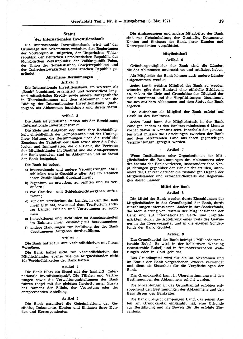 Gesetzblatt (GBl.) der Deutschen Demokratischen Republik (DDR) Teil Ⅰ 1971, Seite 19 (GBl. DDR Ⅰ 1971, S. 19)