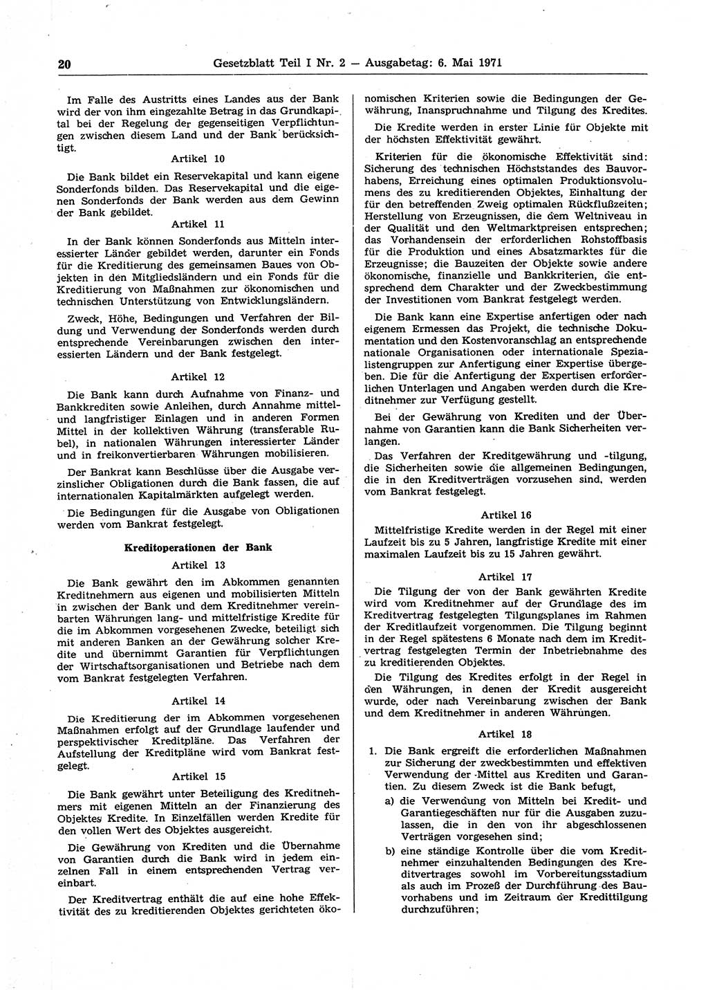 Gesetzblatt (GBl.) der Deutschen Demokratischen Republik (DDR) Teil Ⅰ 1971, Seite 20 (GBl. DDR Ⅰ 1971, S. 20)
