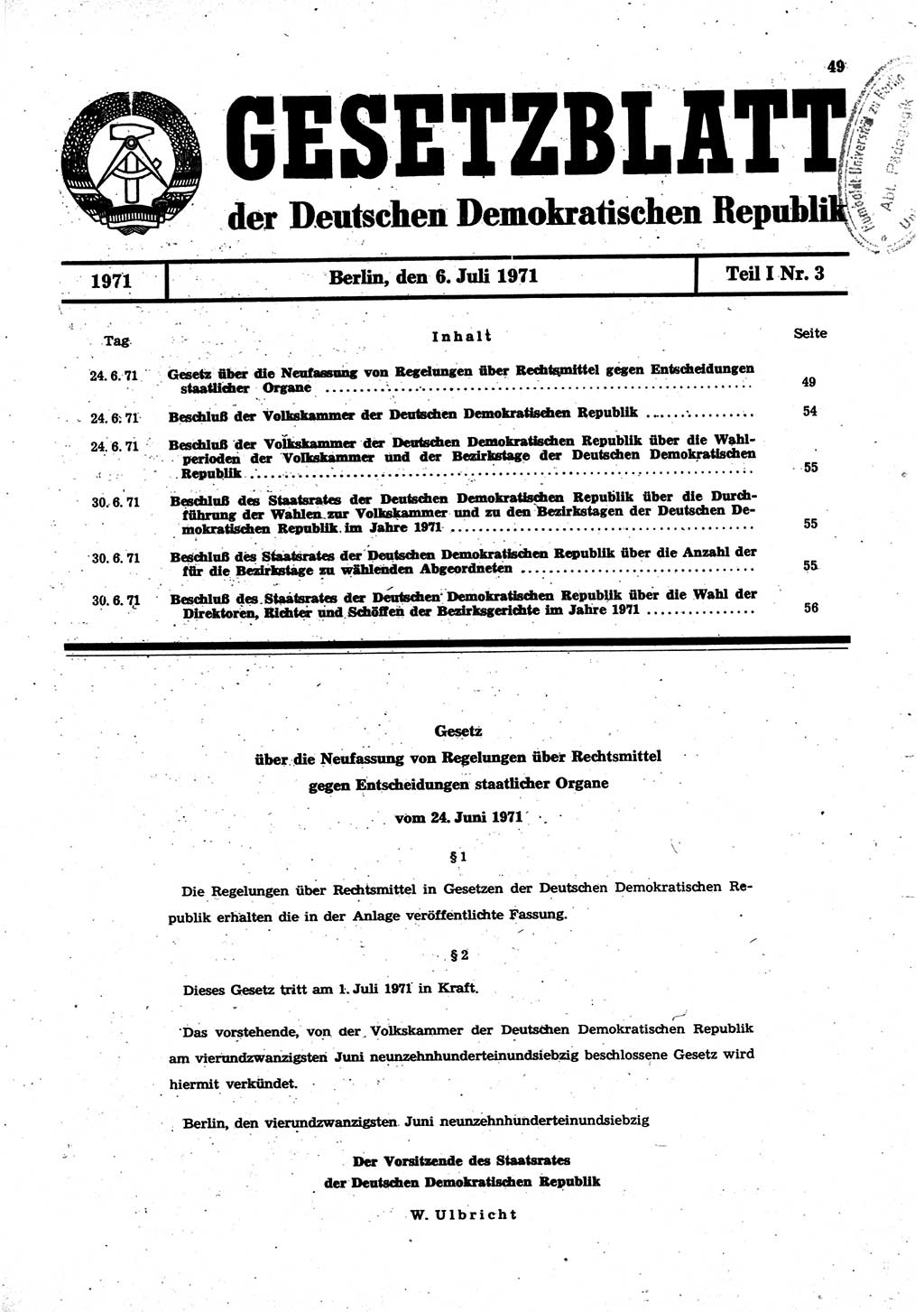 Gesetzblatt (GBl.) der Deutschen Demokratischen Republik (DDR) Teil Ⅰ 1971, Seite 49 (GBl. DDR Ⅰ 1971, S. 49)