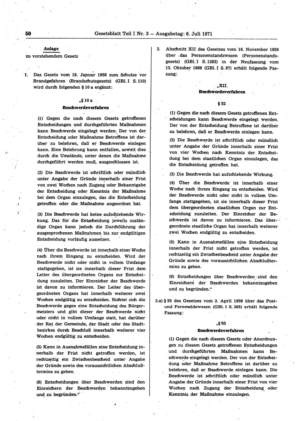 Gesetzblatt (GBl.) der Deutschen Demokratischen Republik (DDR) Teil Ⅰ 1971, Seite 50 (GBl. DDR Ⅰ 1971, S. 50)