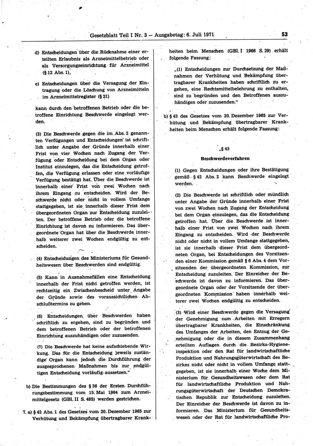 Gesetzblatt (GBl.) der Deutschen Demokratischen Republik (DDR) Teil Ⅰ 1971, Seite 53 (GBl. DDR Ⅰ 1971, S. 53)