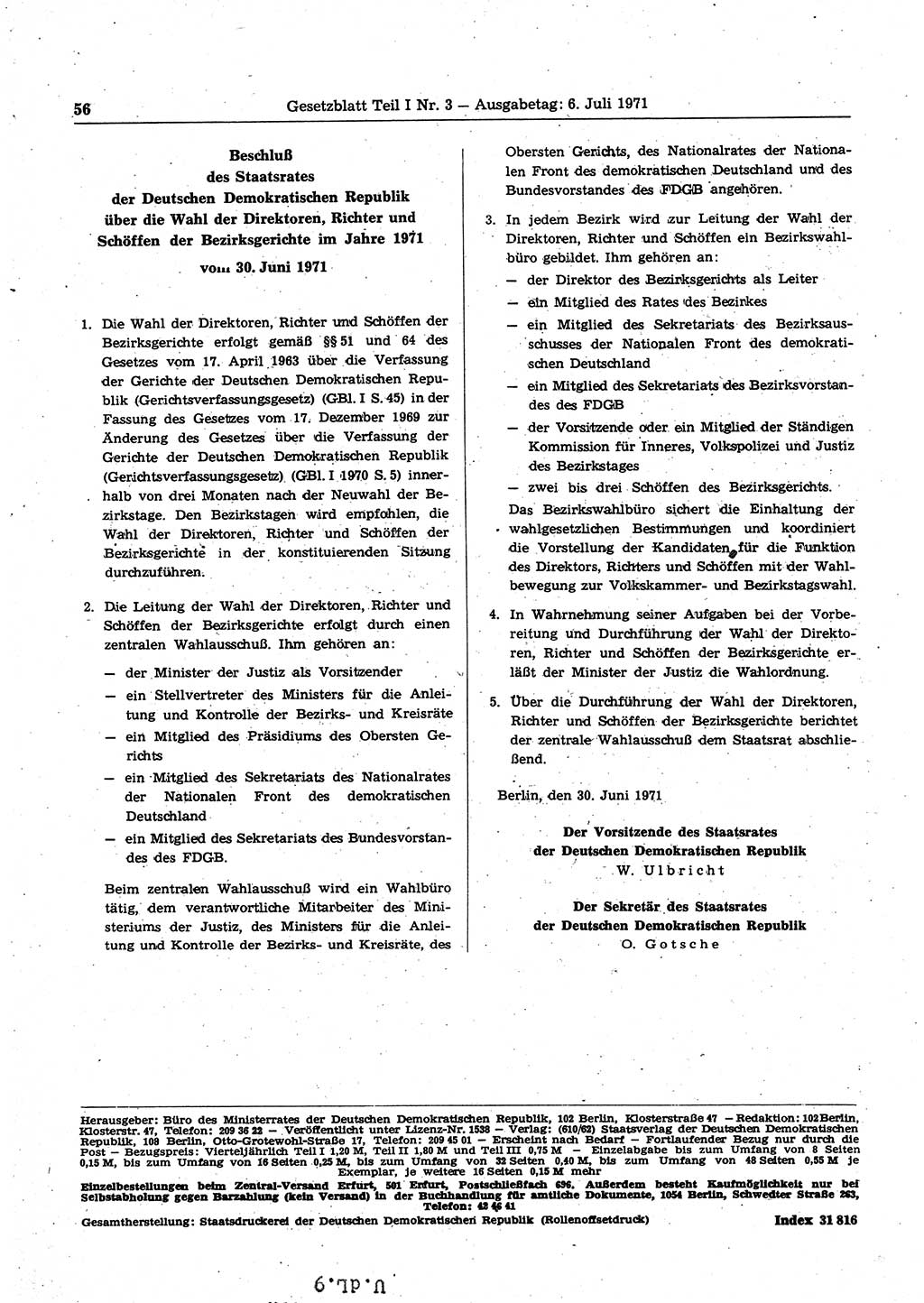 Gesetzblatt (GBl.) der Deutschen Demokratischen Republik (DDR) Teil Ⅰ 1971, Seite 56 (GBl. DDR Ⅰ 1971, S. 56)