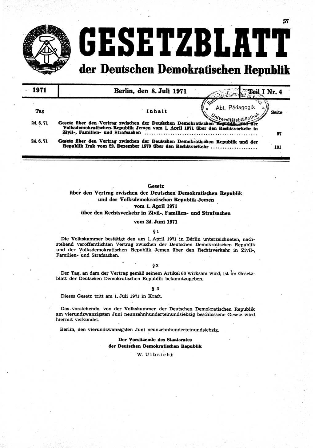 Gesetzblatt (GBl.) der Deutschen Demokratischen Republik (DDR) Teil Ⅰ 1971, Seite 57 (GBl. DDR Ⅰ 1971, S. 57)