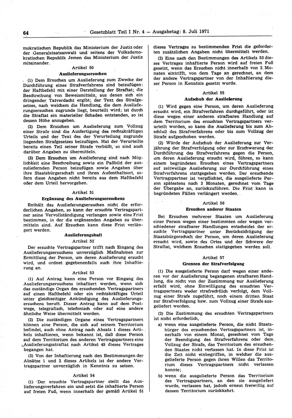 Gesetzblatt (GBl.) der Deutschen Demokratischen Republik (DDR) Teil Ⅰ 1971, Seite 64 (GBl. DDR Ⅰ 1971, S. 64)