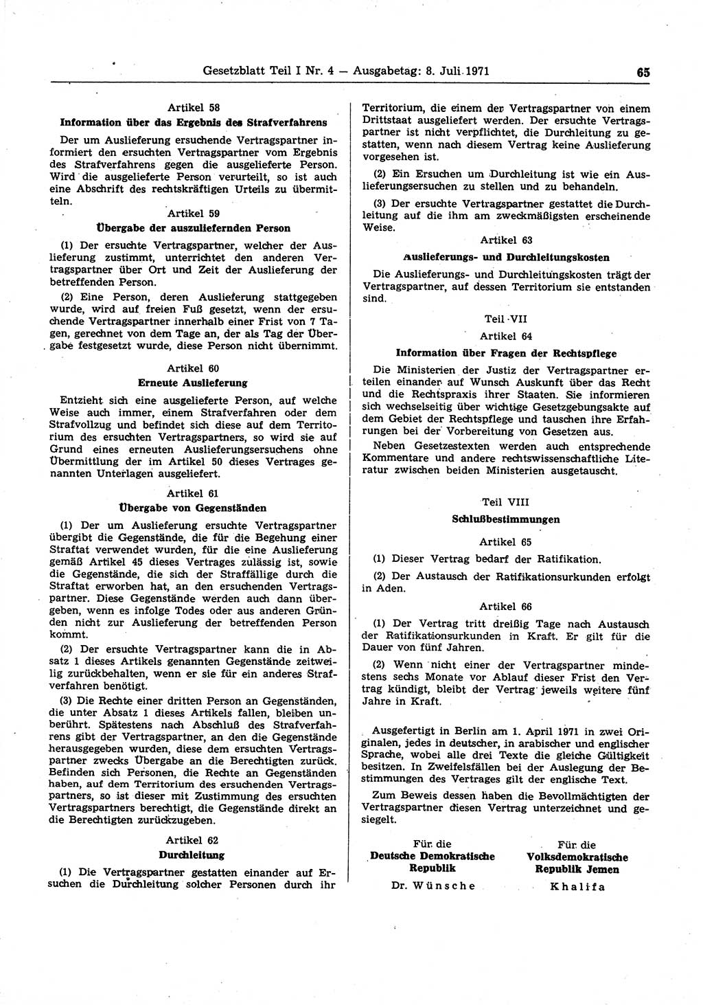 Gesetzblatt (GBl.) der Deutschen Demokratischen Republik (DDR) Teil Ⅰ 1971, Seite 65 (GBl. DDR Ⅰ 1971, S. 65)