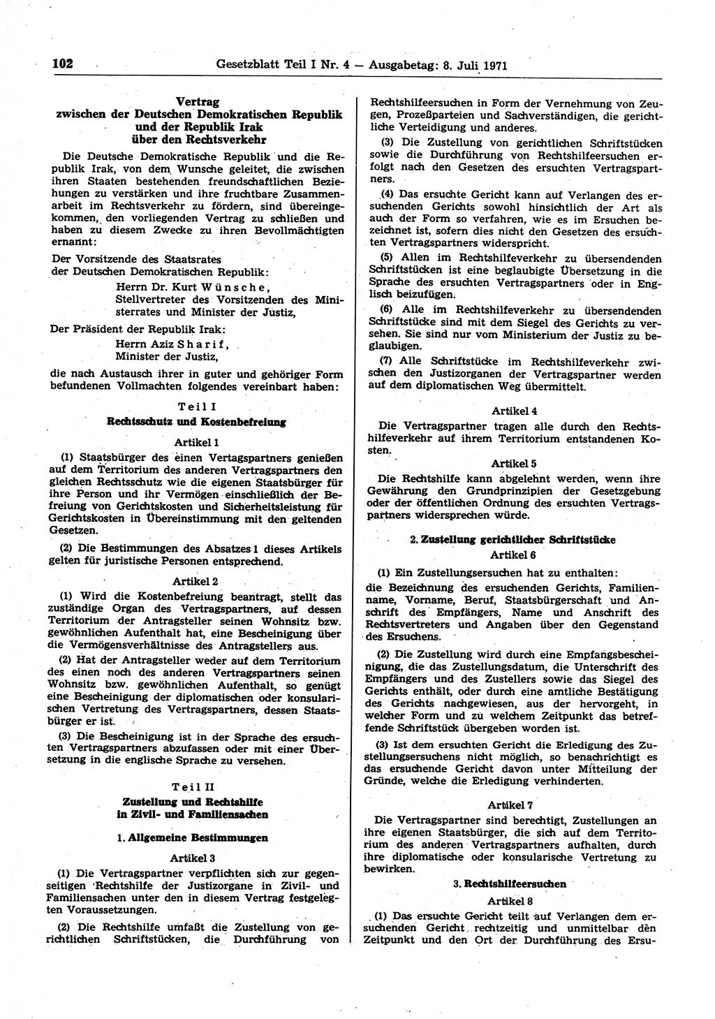 Gesetzblatt (GBl.) der Deutschen Demokratischen Republik (DDR) Teil Ⅰ 1971, Seite 102 (GBl. DDR Ⅰ 1971, S. 102)