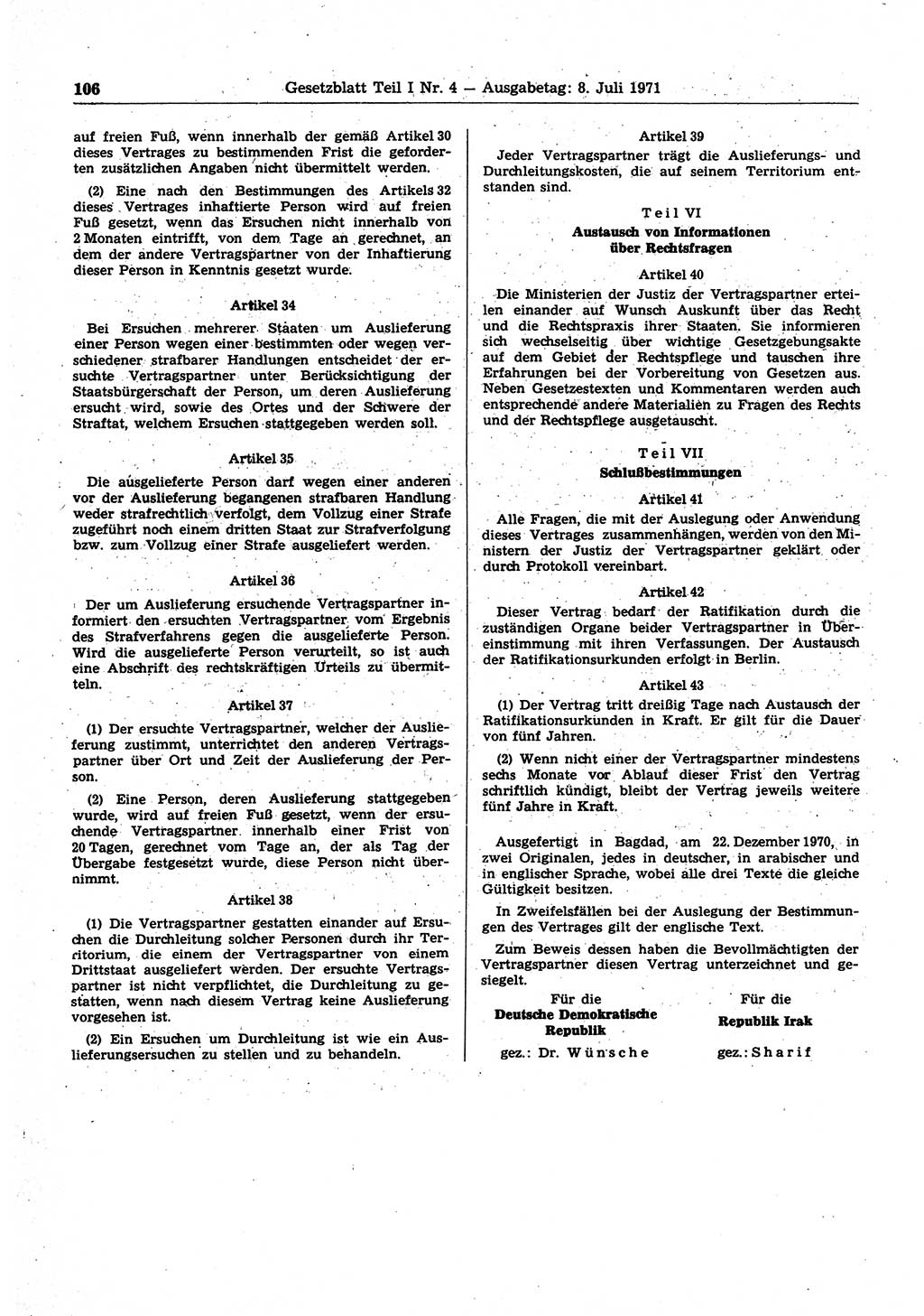 Gesetzblatt (GBl.) der Deutschen Demokratischen Republik (DDR) Teil Ⅰ 1971, Seite 106 (GBl. DDR Ⅰ 1971, S. 106)