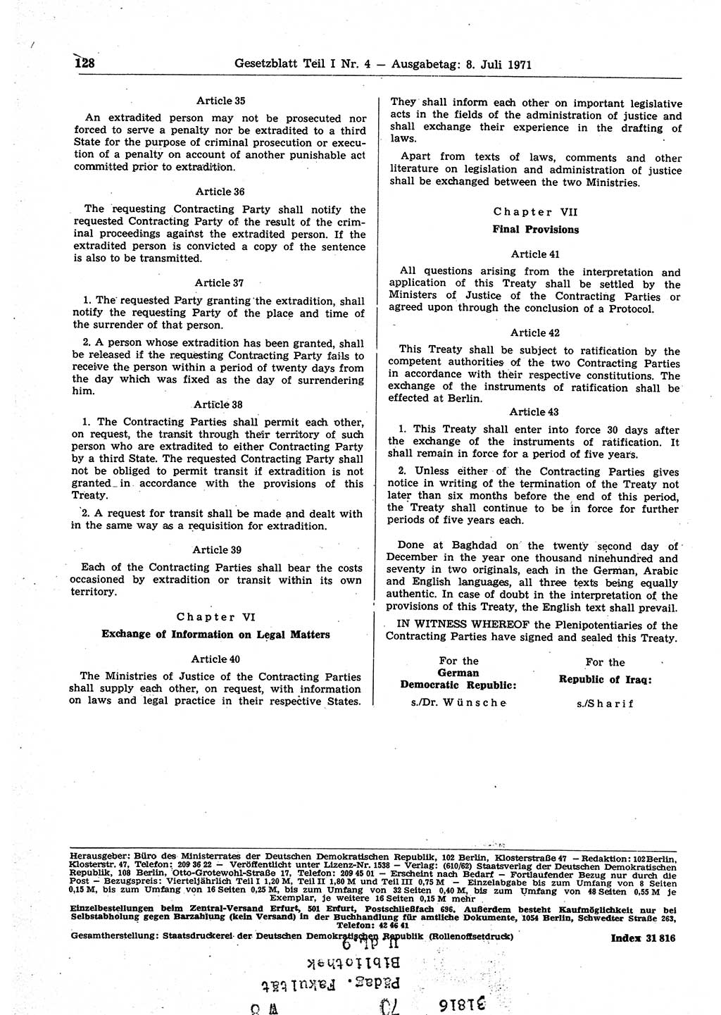 Gesetzblatt (GBl.) der Deutschen Demokratischen Republik (DDR) Teil Ⅰ 1971, Seite 128 (GBl. DDR Ⅰ 1971, S. 128)