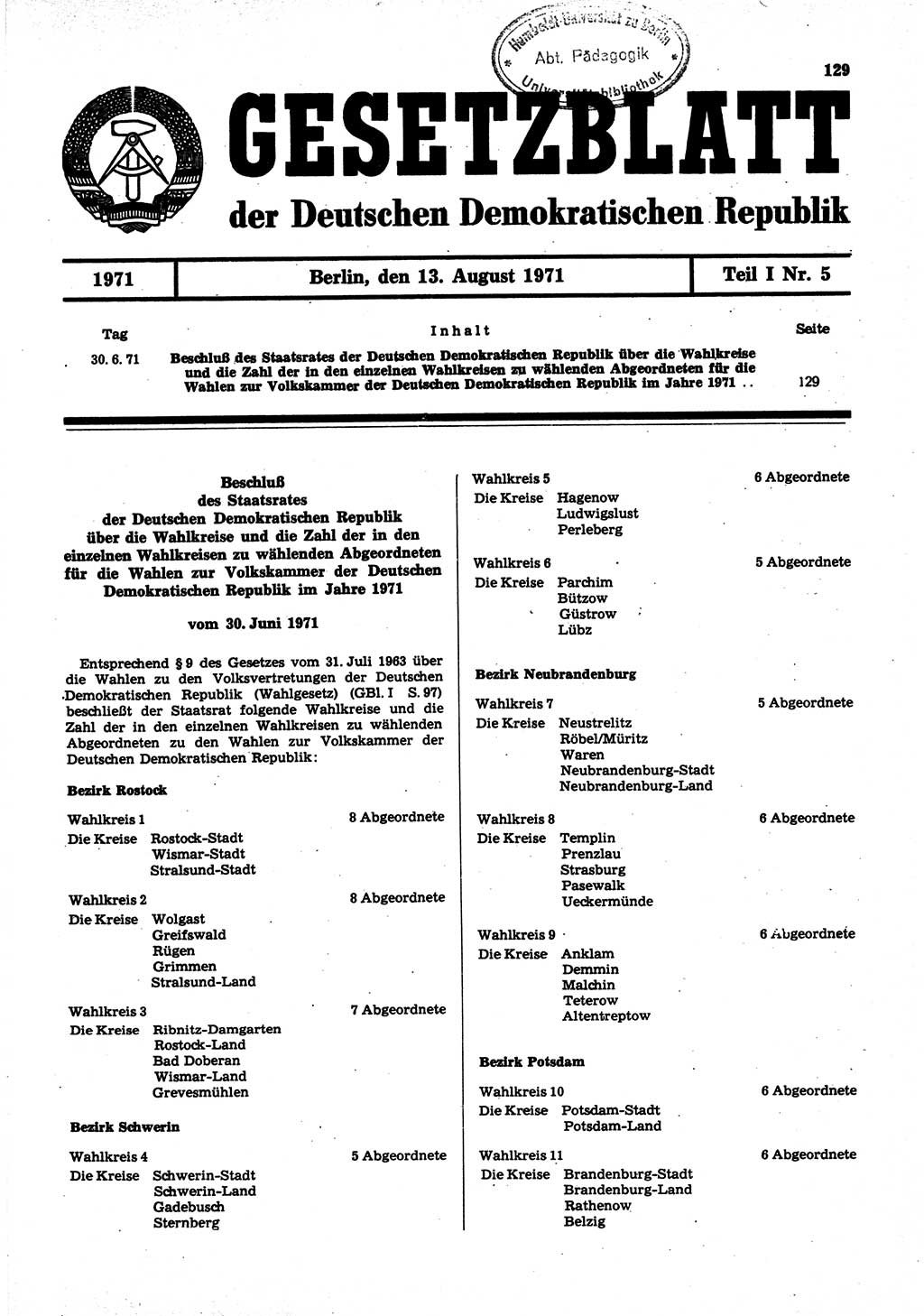 Gesetzblatt (GBl.) der Deutschen Demokratischen Republik (DDR) Teil Ⅰ 1971, Seite 129 (GBl. DDR Ⅰ 1971, S. 129)