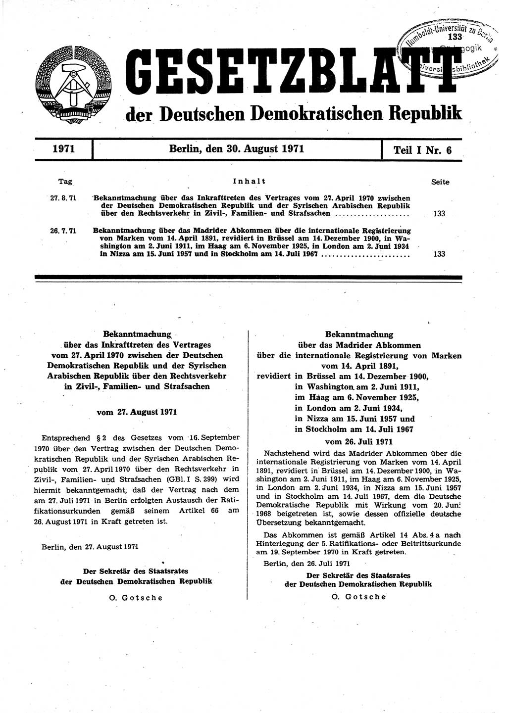 Gesetzblatt (GBl.) der Deutschen Demokratischen Republik (DDR) Teil Ⅰ 1971, Seite 133 (GBl. DDR Ⅰ 1971, S. 133)