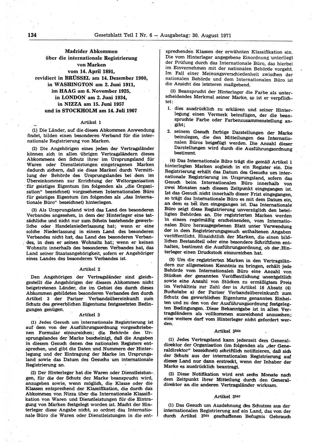 Gesetzblatt (GBl.) der Deutschen Demokratischen Republik (DDR) Teil Ⅰ 1971, Seite 134 (GBl. DDR Ⅰ 1971, S. 134)