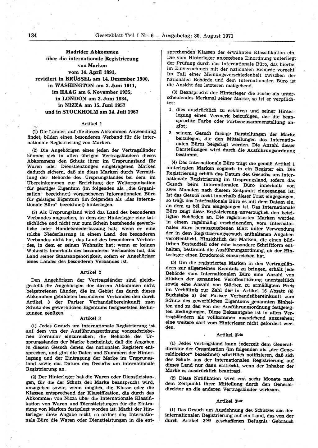 Gesetzblatt (GBl.) der Deutschen Demokratischen Republik (DDR) Teil Ⅰ 1971, Seite 134 (GBl. DDR Ⅰ 1971, S. 134)