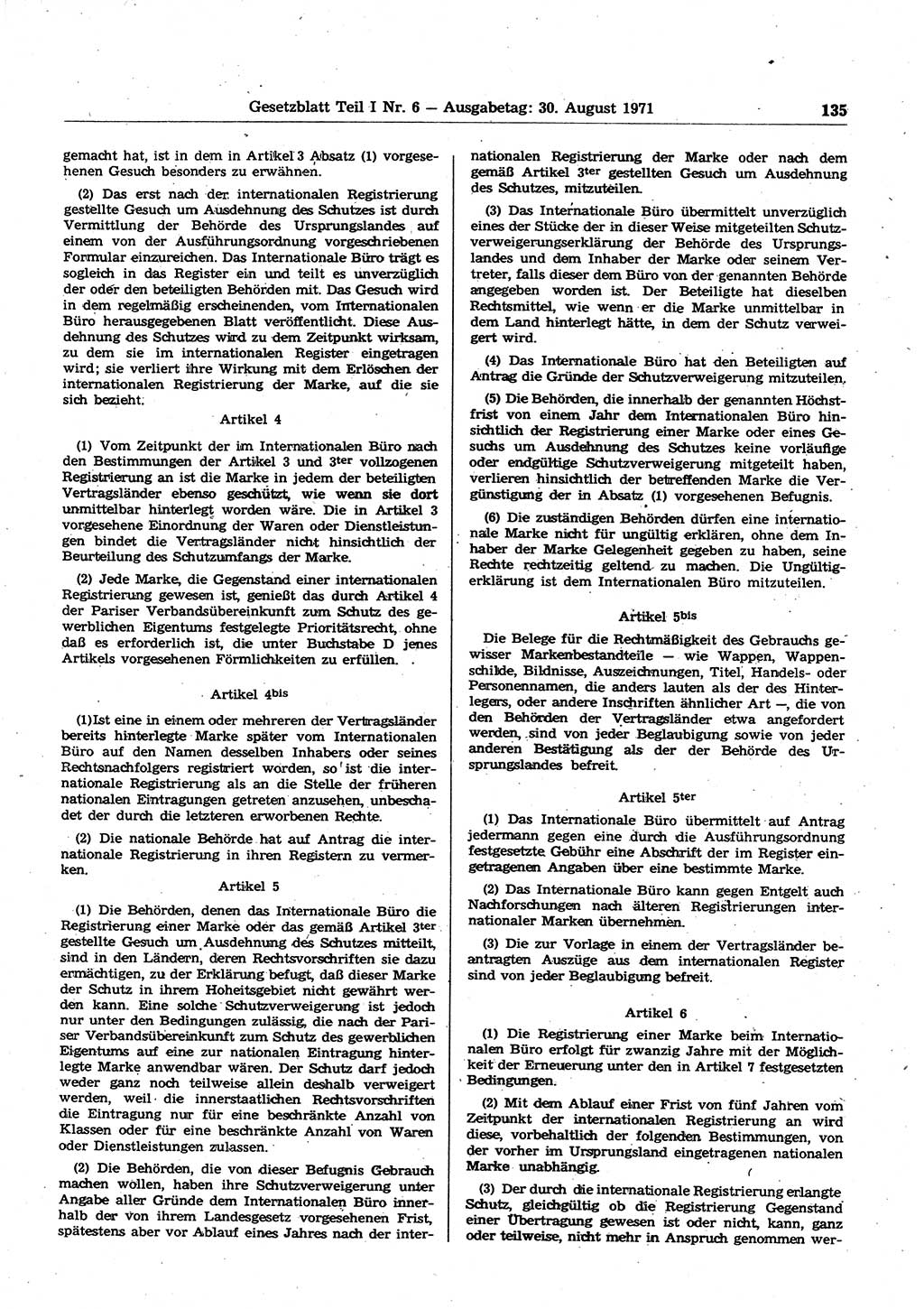 Gesetzblatt (GBl.) der Deutschen Demokratischen Republik (DDR) Teil Ⅰ 1971, Seite 135 (GBl. DDR Ⅰ 1971, S. 135)