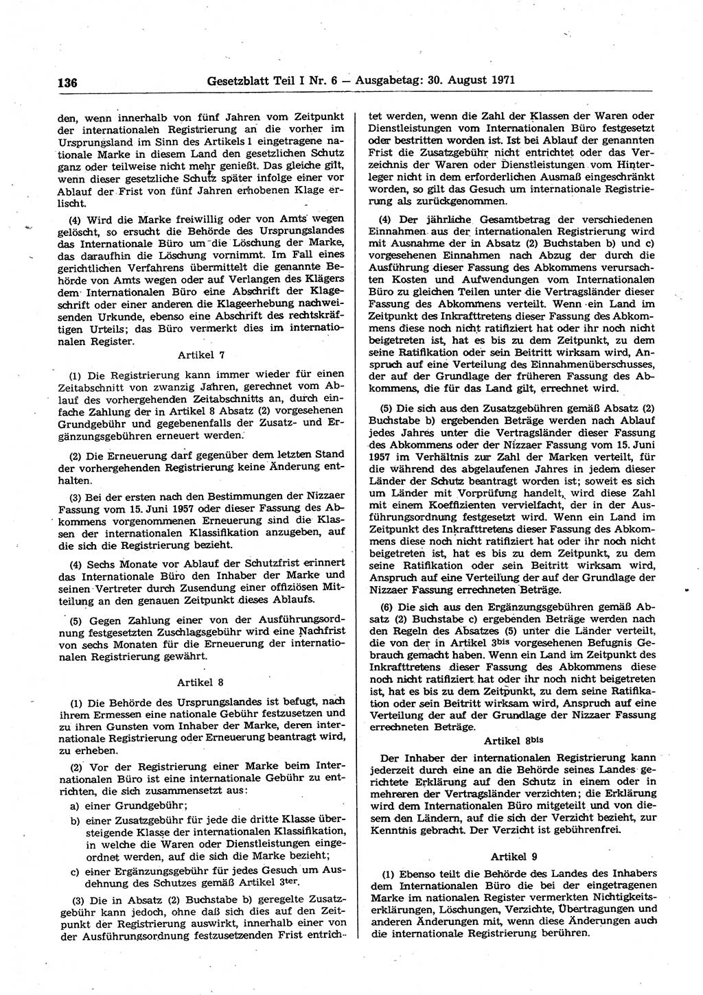 Gesetzblatt (GBl.) der Deutschen Demokratischen Republik (DDR) Teil Ⅰ 1971, Seite 136 (GBl. DDR Ⅰ 1971, S. 136)