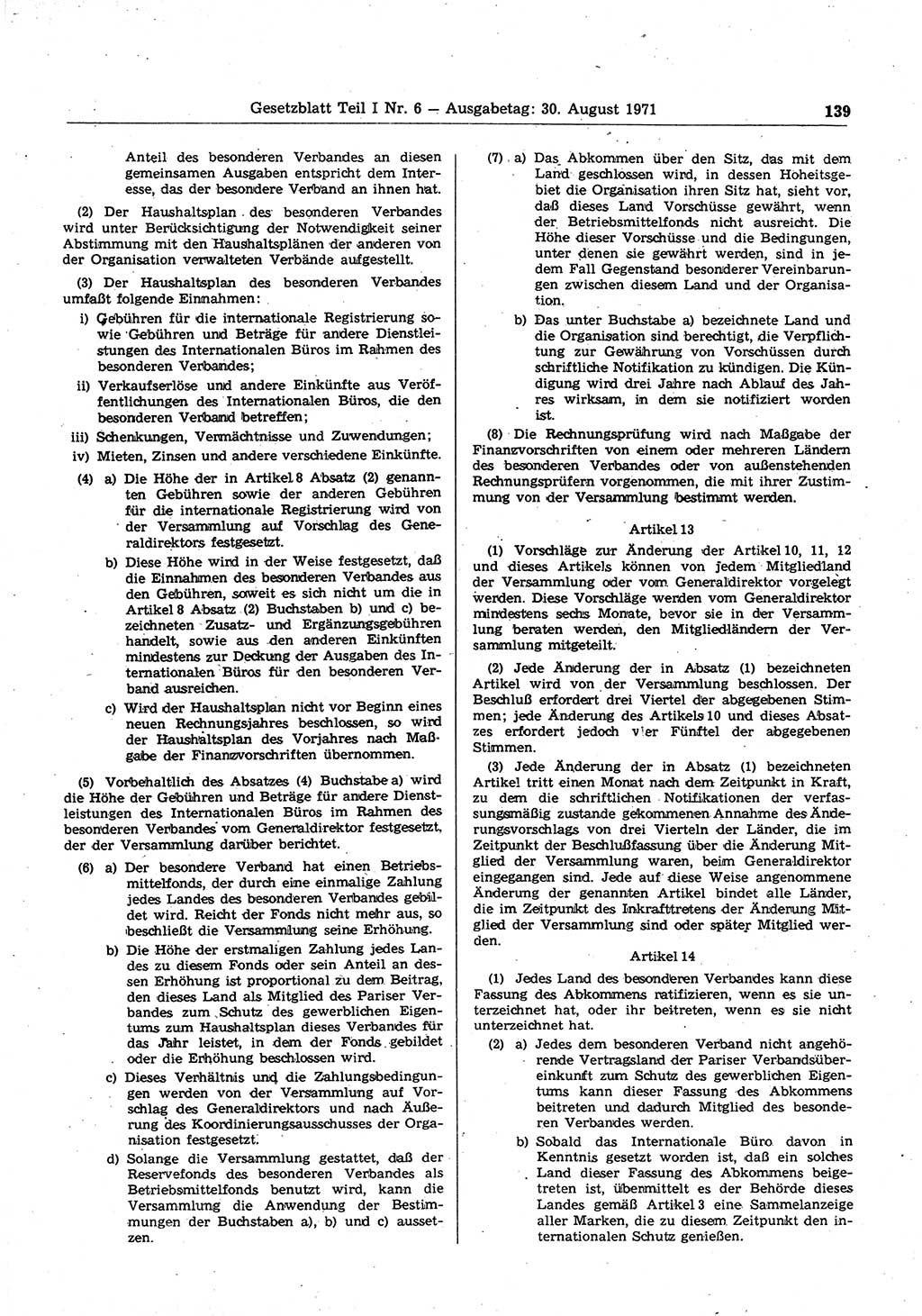 Gesetzblatt (GBl.) der Deutschen Demokratischen Republik (DDR) Teil Ⅰ 1971, Seite 139 (GBl. DDR Ⅰ 1971, S. 139)