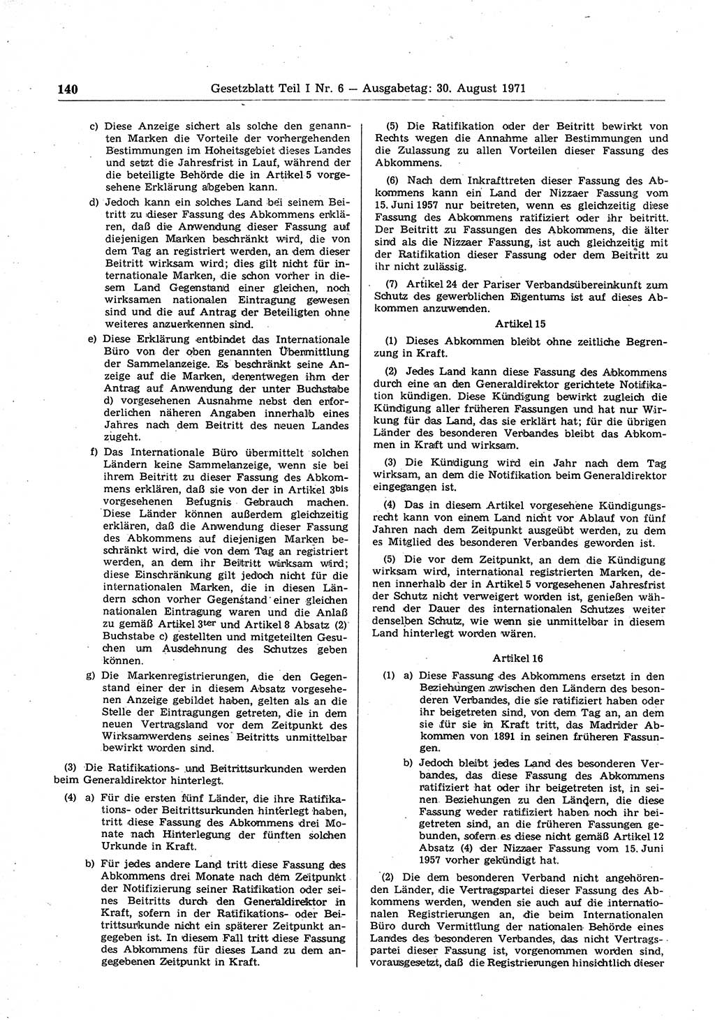 Gesetzblatt (GBl.) der Deutschen Demokratischen Republik (DDR) Teil Ⅰ 1971, Seite 140 (GBl. DDR Ⅰ 1971, S. 140)
