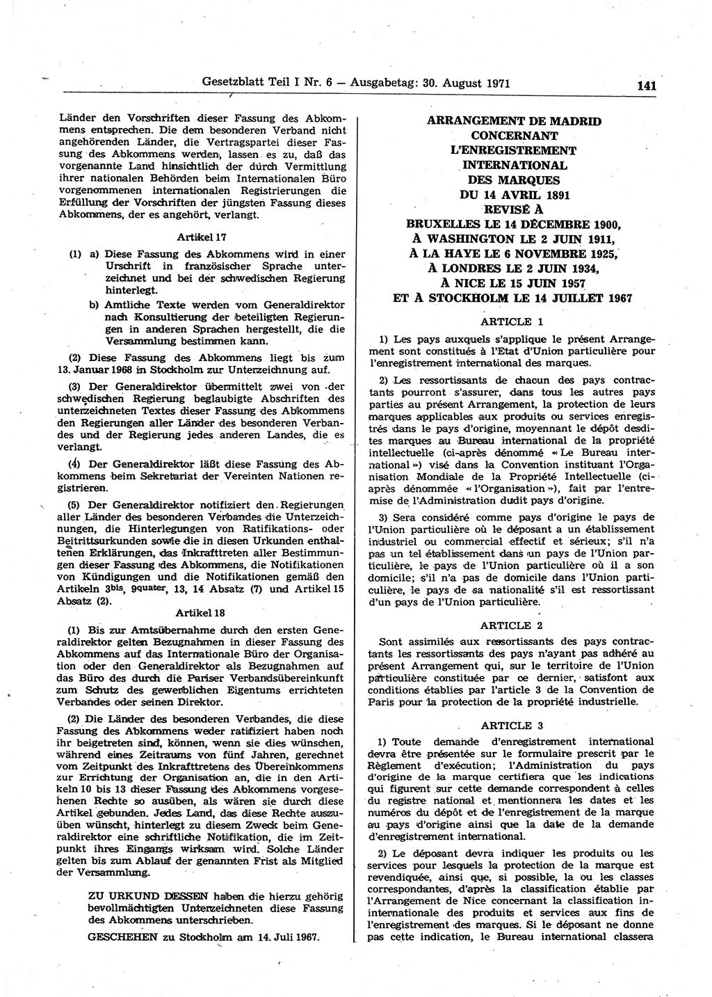 Gesetzblatt (GBl.) der Deutschen Demokratischen Republik (DDR) Teil Ⅰ 1971, Seite 141 (GBl. DDR Ⅰ 1971, S. 141)