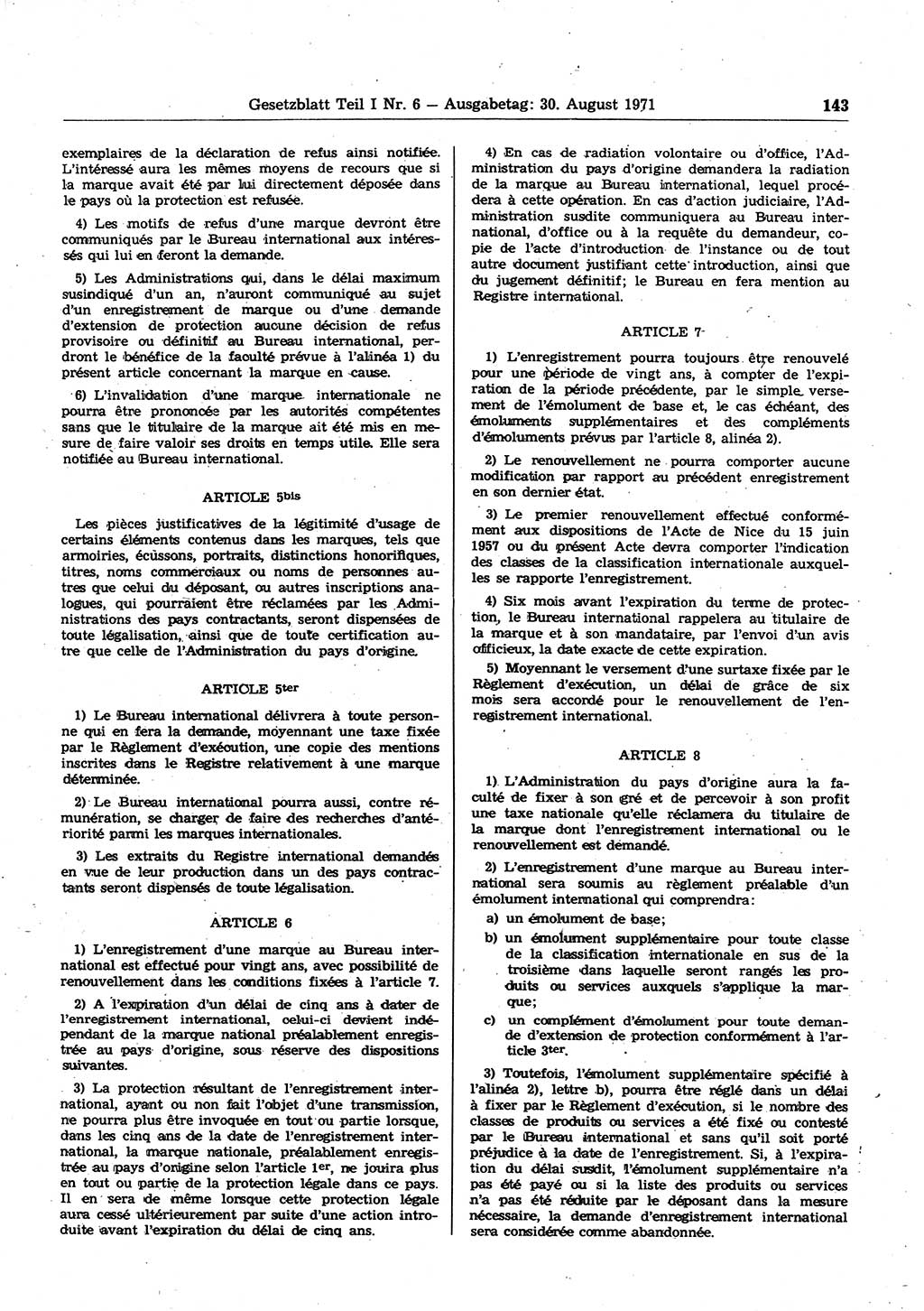Gesetzblatt (GBl.) der Deutschen Demokratischen Republik (DDR) Teil Ⅰ 1971, Seite 143 (GBl. DDR Ⅰ 1971, S. 143)