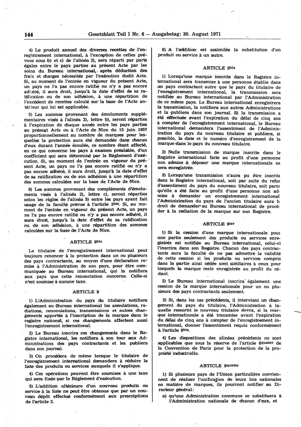 Gesetzblatt (GBl.) der Deutschen Demokratischen Republik (DDR) Teil Ⅰ 1971, Seite 144 (GBl. DDR Ⅰ 1971, S. 144)