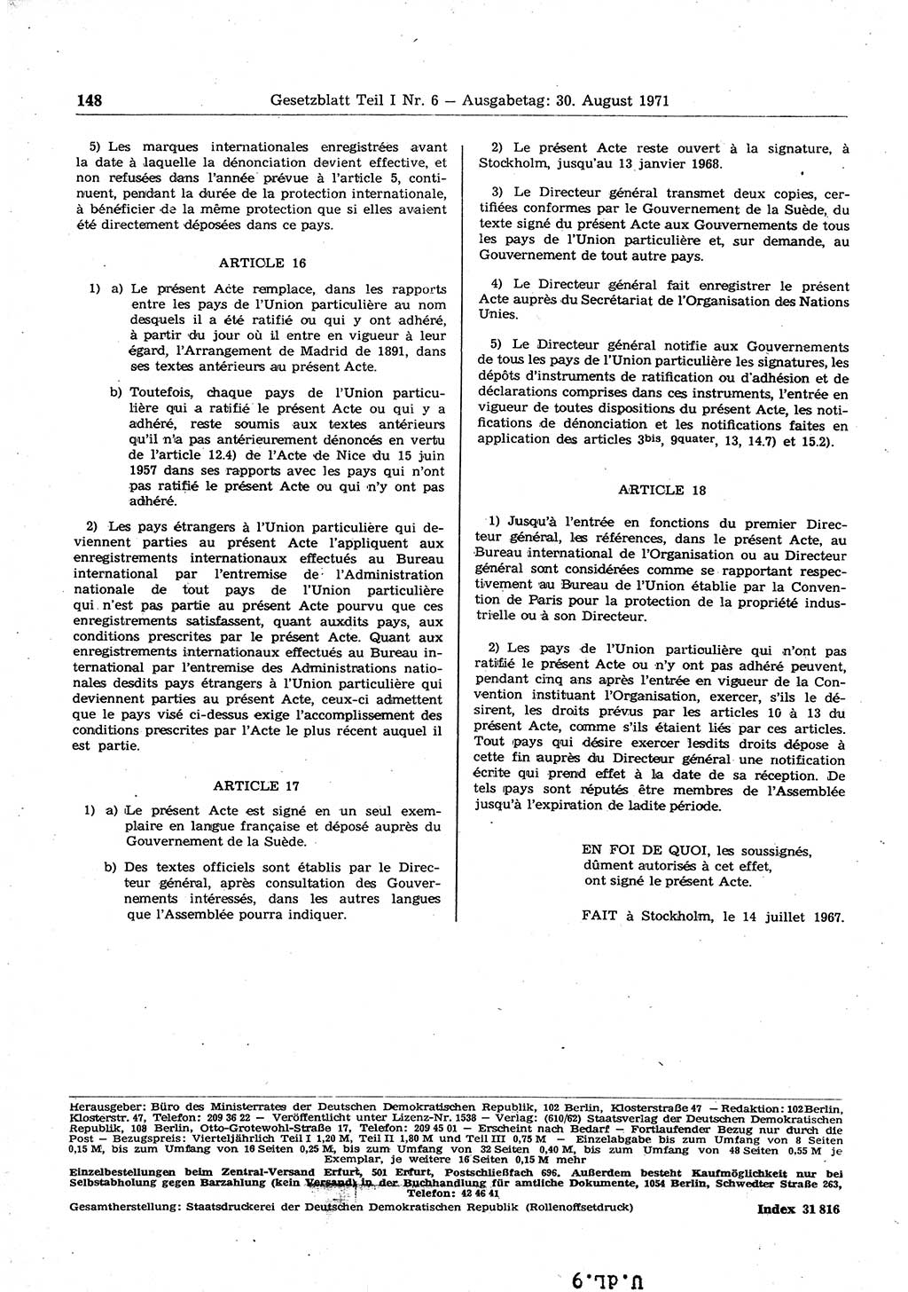 Gesetzblatt (GBl.) der Deutschen Demokratischen Republik (DDR) Teil Ⅰ 1971, Seite 148 (GBl. DDR Ⅰ 1971, S. 148)